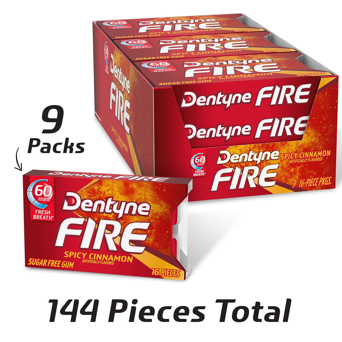 Dentyne Fire Spicy Cinnamon Sugar Free Gum, Pack Of 9 (144 Total Pieces)