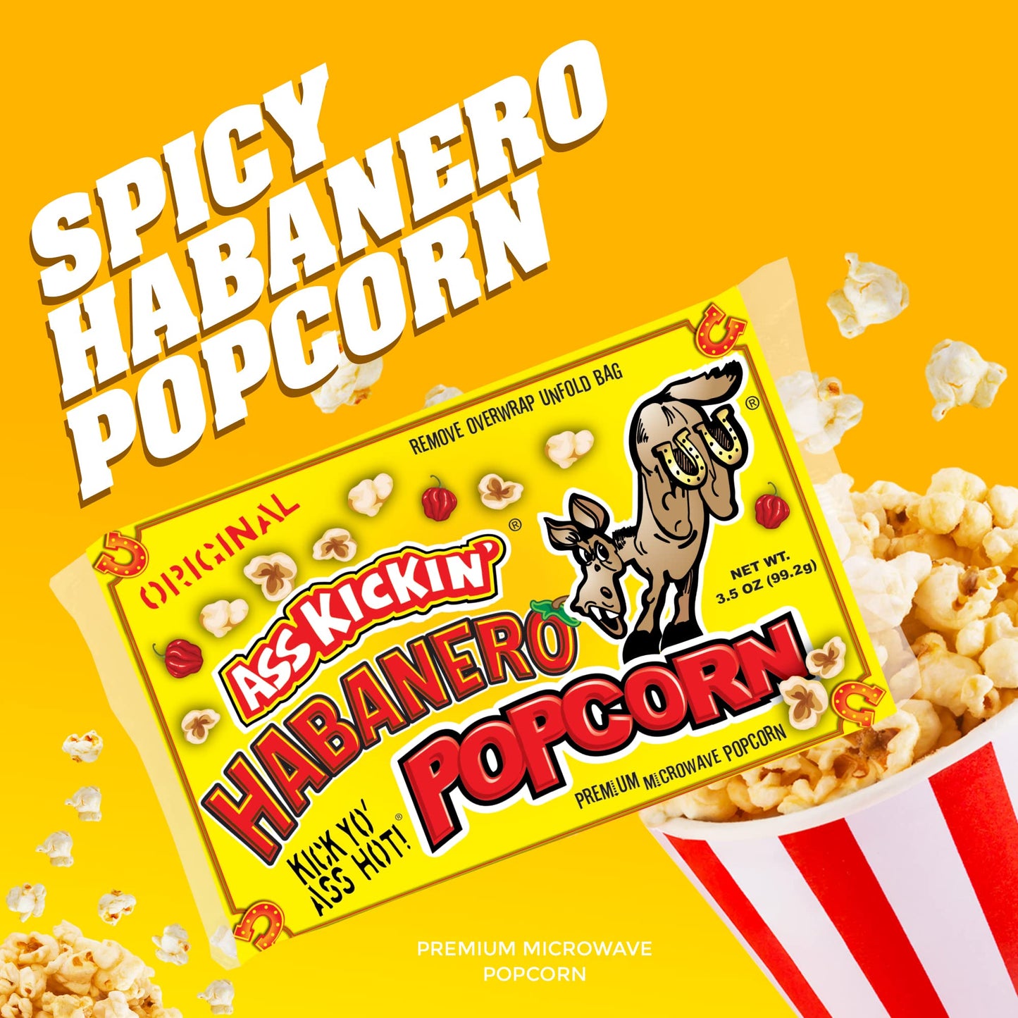 ASS KICKIN Habanero Microwave Popcorn - 3 Pack - 3.5 Ounce Bags - Spicy Snack for Movie Night