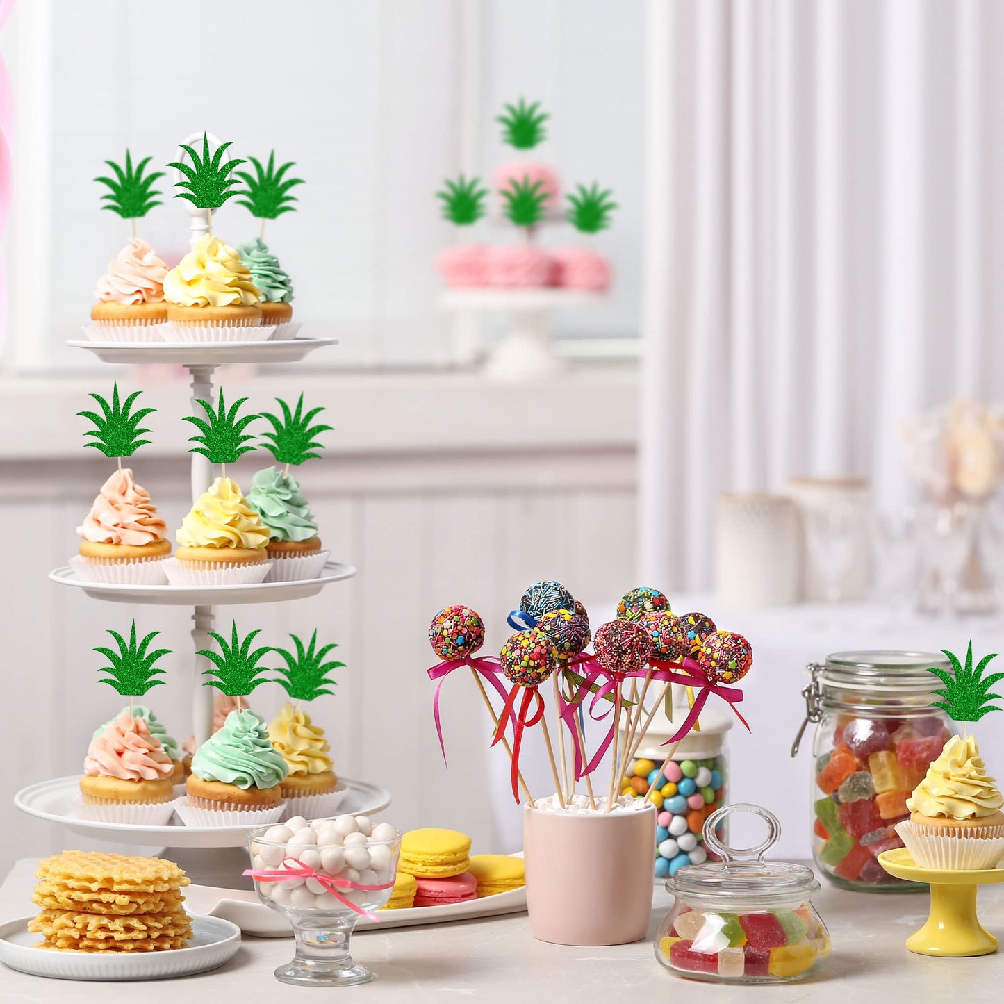 Gyufise 36Pcs Pineapple Cupcake Toppers Donut Cake Toppers Pineapple Cute Cupcake Picks For Summer Luau Tropical Hawaiian Party Cake Decorations