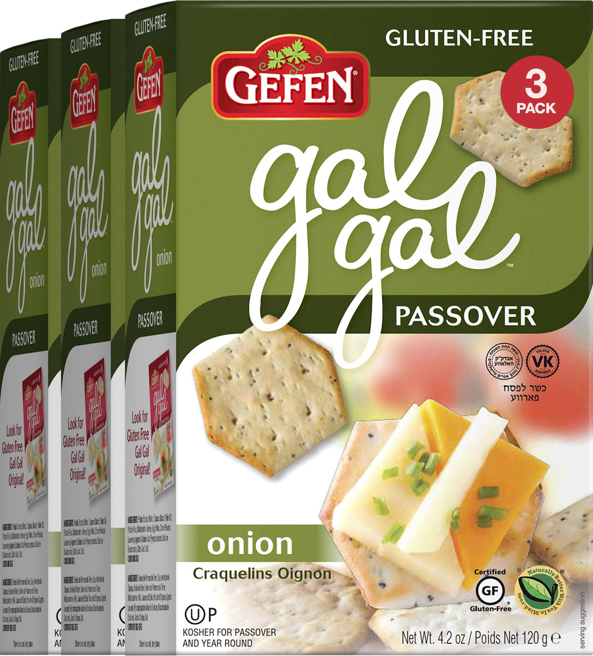 Gefen Gal Gal Gluten Free Onion Crackers 4.2oz (3 Pack) | Low Fat, Zero Sugar, All Natural, Passover Crackers