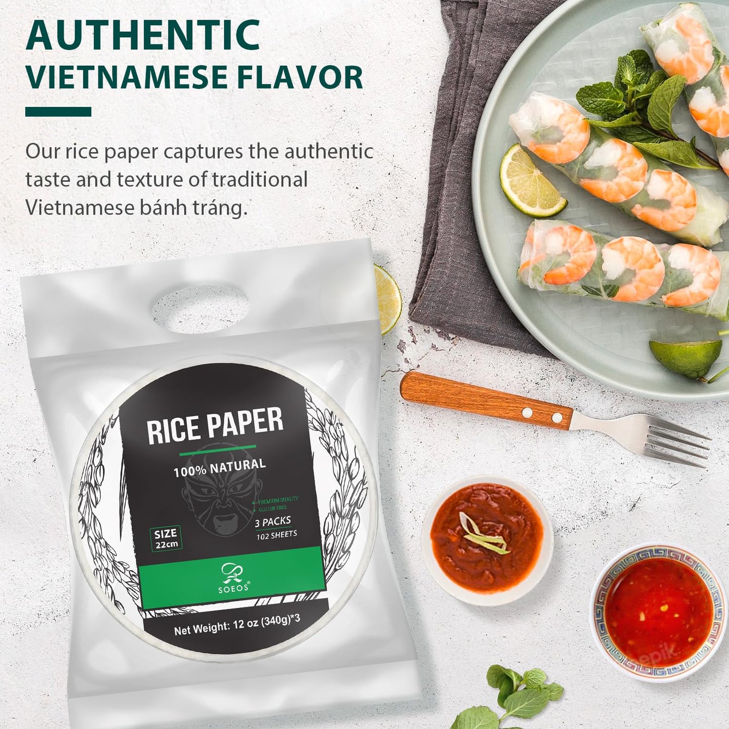 Soeos Rice Paper, White Rice Paper Wrappers, 3 Pack, 34 Sheets-Fresh Spring Roll Wrappers & Dumplings, Non-Gmo, Gluten-Free, Low Carb, Vietnamese Rice Wraps (Round, 22Cm)