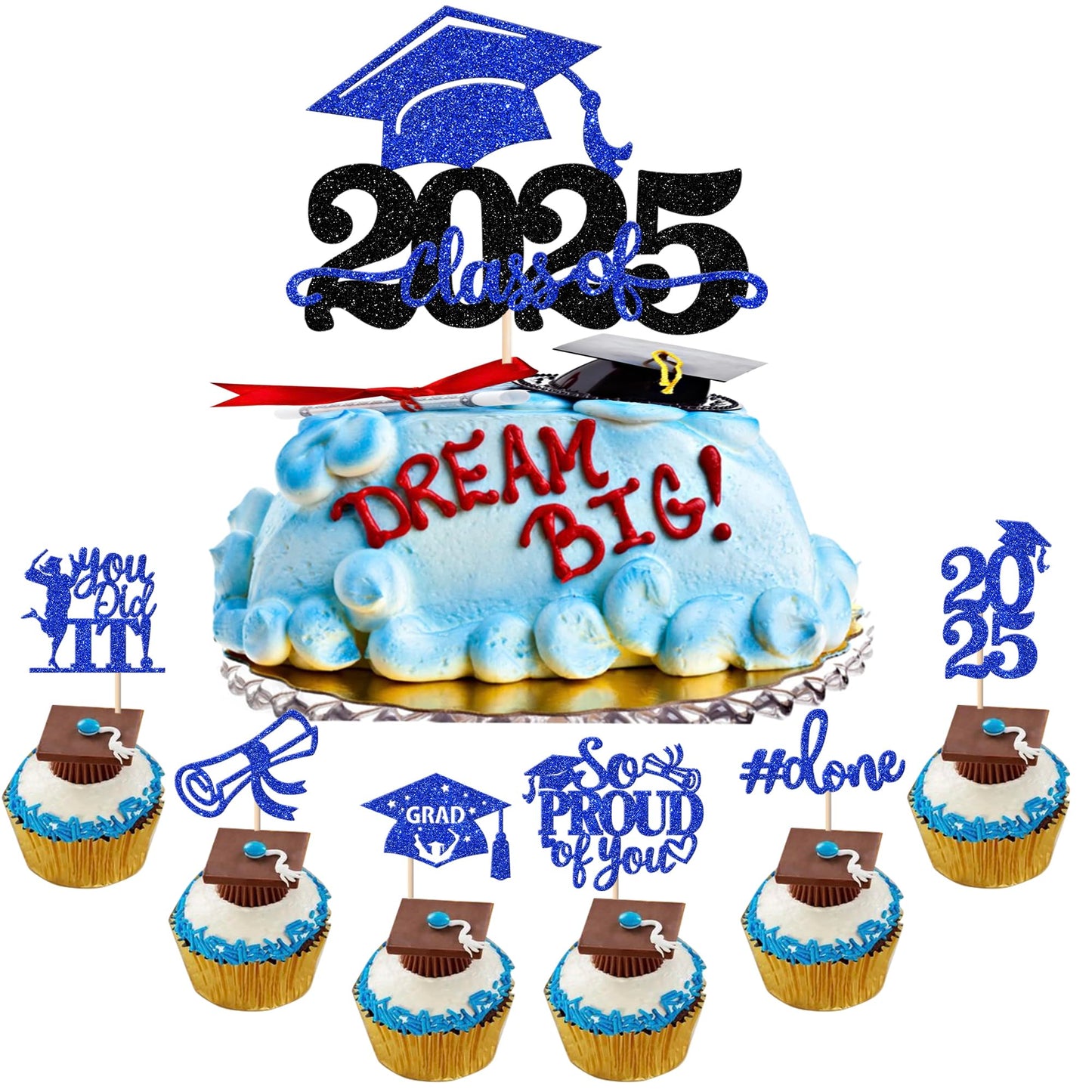 YCTHUNFISH Graduation Cupcake Toppers, 25 Pack, Glitter, Black Gold, Diploma Grad Cap Cake Decorations for 2025 Theme Party