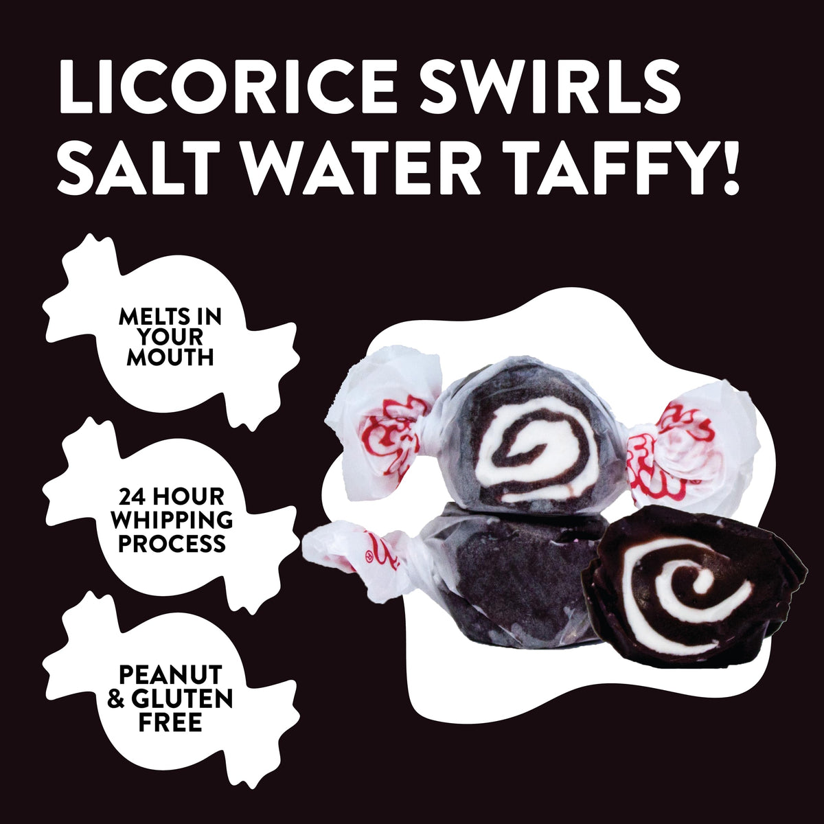 Taffy Town Saltwater Taffy- Licorice Swirls | Gourmet Taffy| Nougat-Style Candy| Soft & Delicious| Sumer Snack Treats| Party Goo