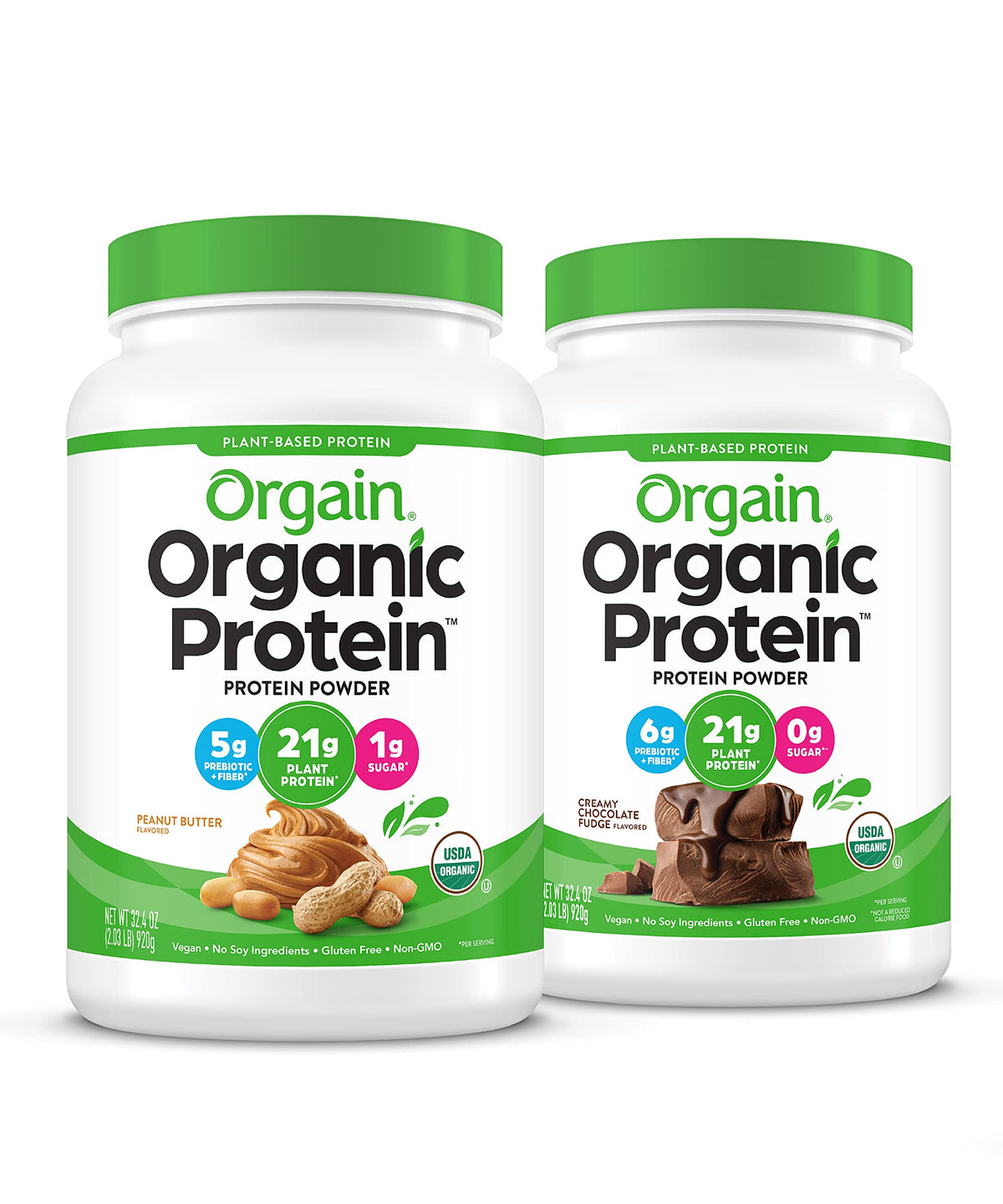 Orgain Organic Vegan Protein Powder (Peanut Butter, Creamy Chocolate Fudge)  21g Plant Based Protein | Gluten Free | Dairy Free