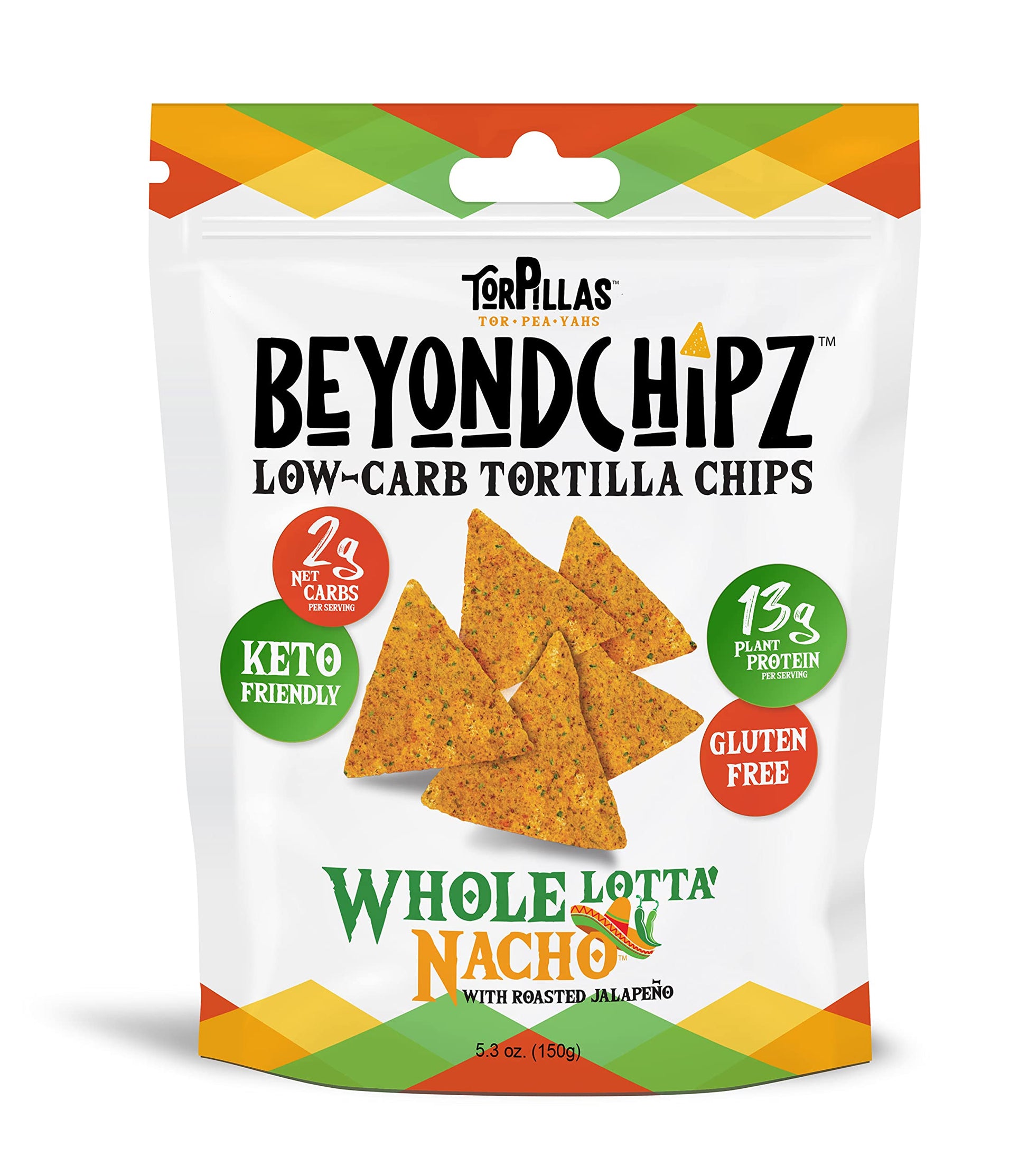 BeyondChipz Low Carb Tortilla Chips, Whole Lotta' Nacho, Keto Friendly, Gluten Free, 5.3oz Bag, Pack of 2