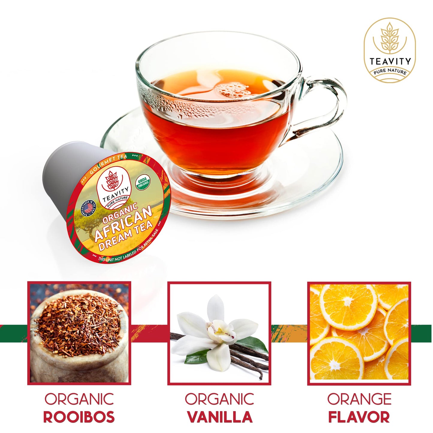 Organic Rooibos Tea Pods With Vanilla & Orange - Naturally Decaf Tea - African Dream By Teavity (12 Tea Pods)