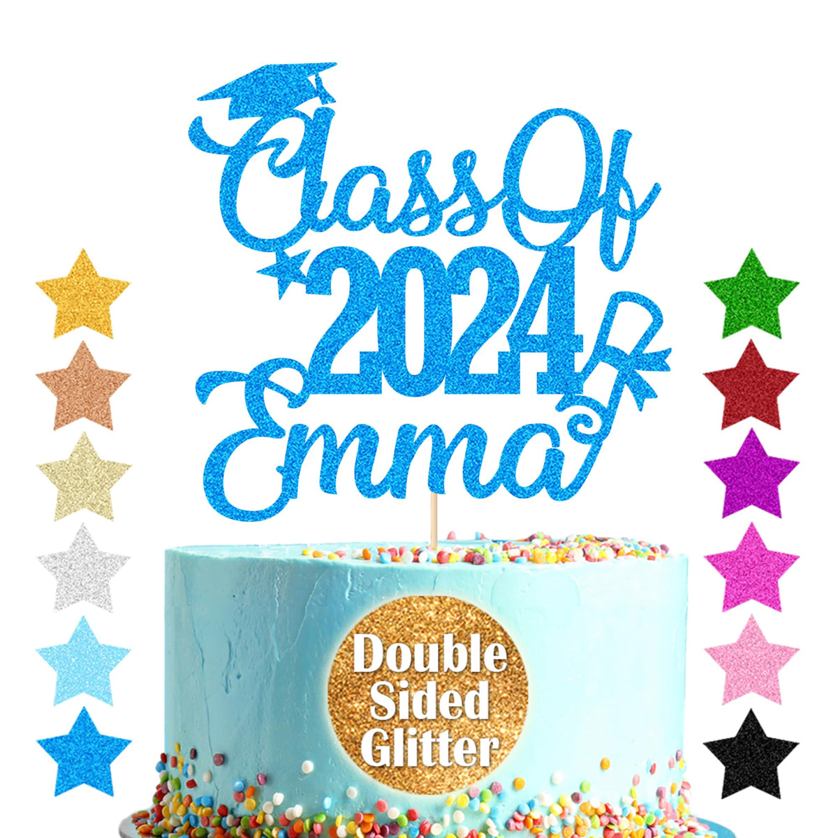 Personalized Cake Topper Custom Congrats Graduation Hat Student Class Of 2024 Double Sided Glitter Card Blue