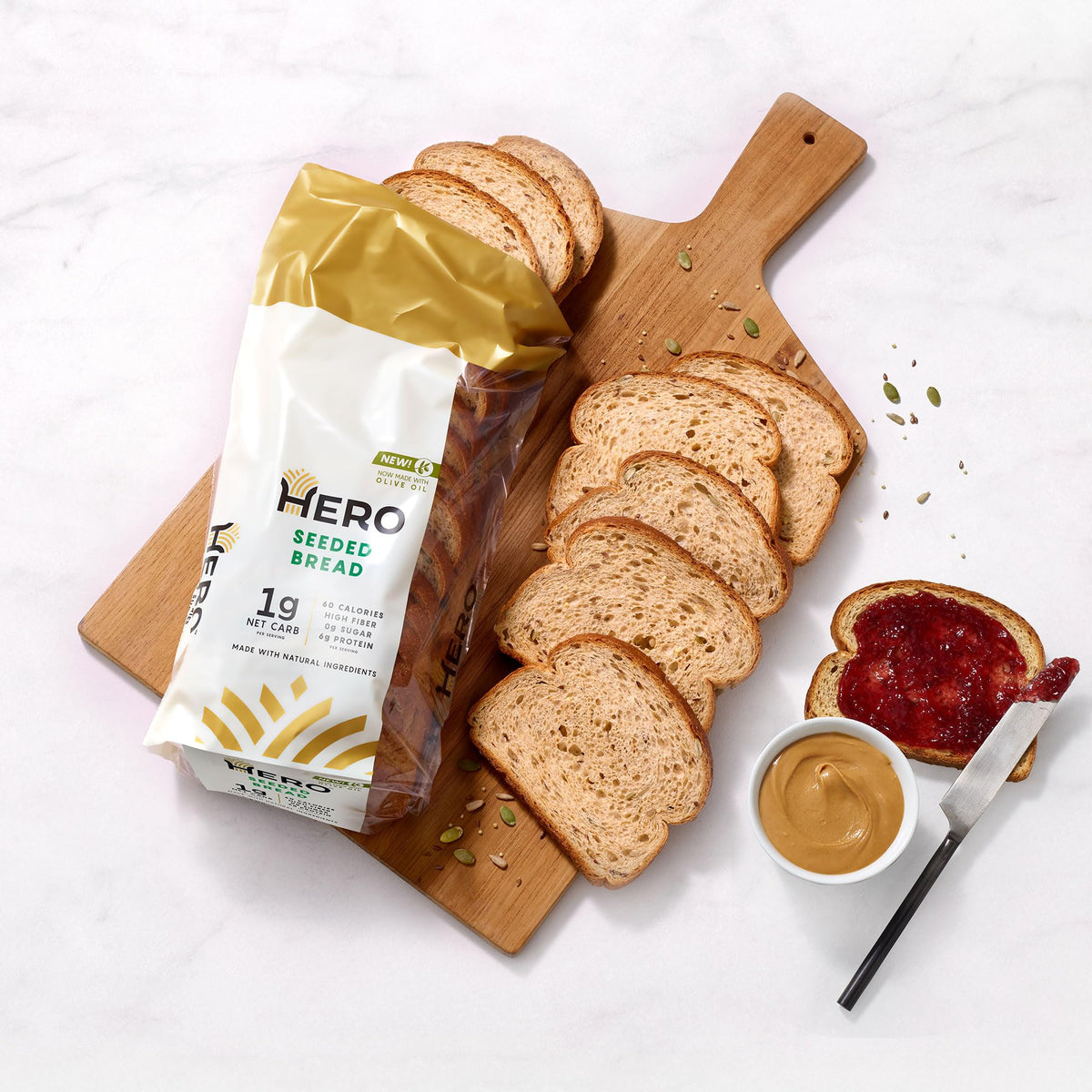 Hero Seeded Bread — Delicious Bread With 1G Net Carb, 0G Sugar, 60 Calories, 12G Fiber Per Slice | Tastes Like Regular Bread | Low Carb & Keto Friendly Bread Loaf —15 Slices/Loaf, 4 Loaves