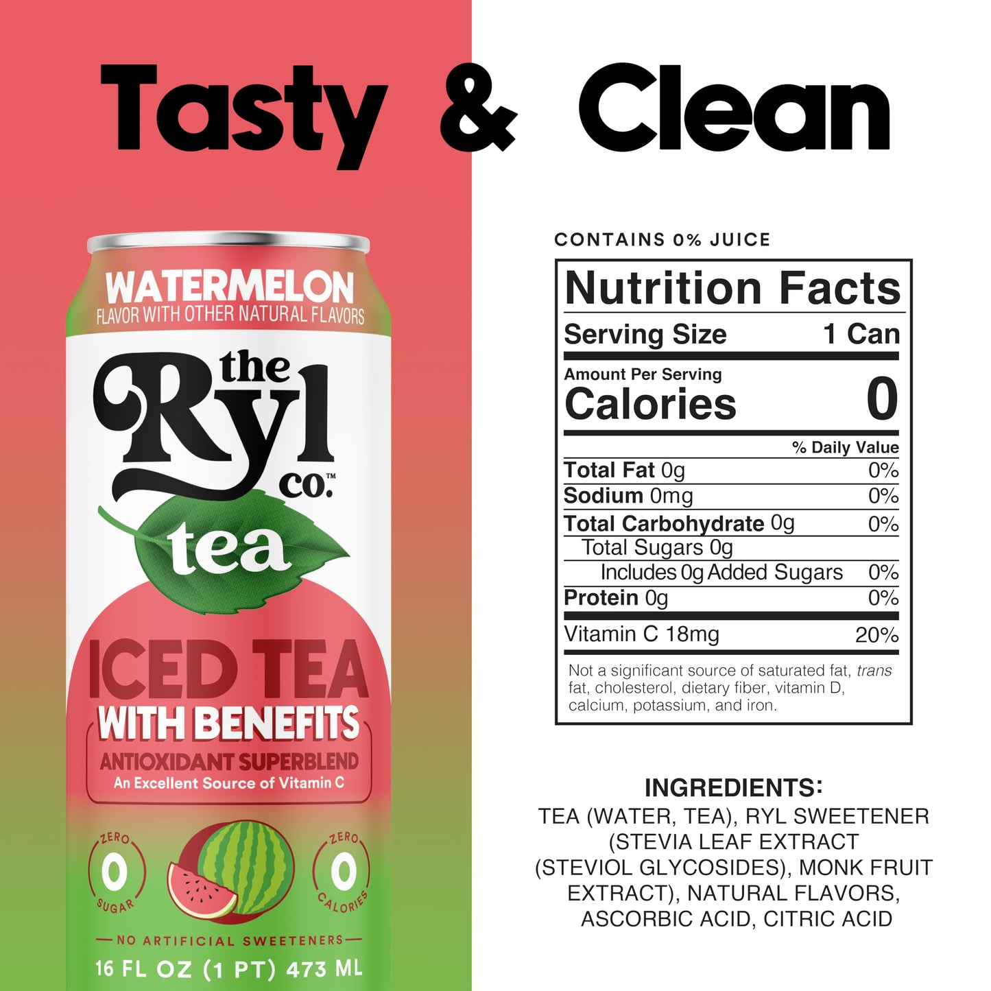 Ryl Iced Tea, Watermelon, Antioxidant Superblend, Zero Sugar, Low Carb, Zero Calorie Iced Tea, 16.0 Fl Oz (12-Pack)