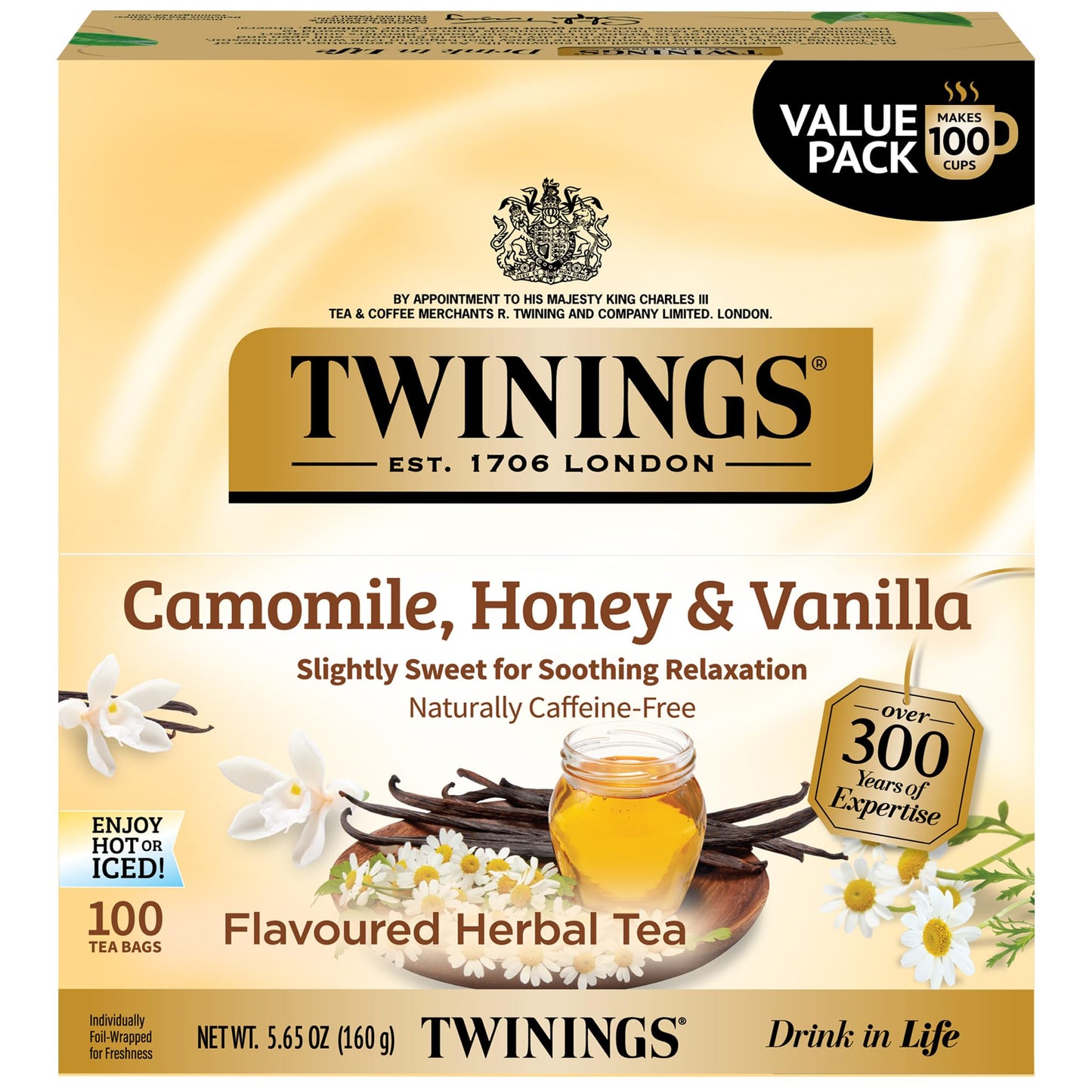 Twinings Camomile  Honey & Vanilla Herbal Tea Individually Wrapped Bags  100 Count (Pack Of 1)  Naturally Energy Blend-Free  Enjoy Hot Or Iced  100 Teabags