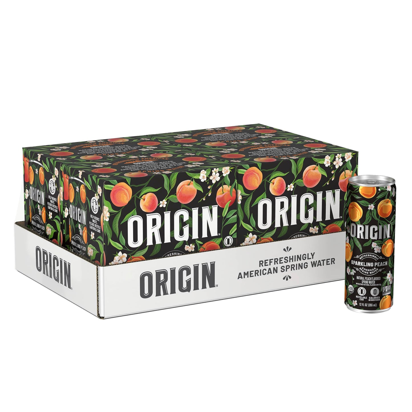 Origin Organic & Non-Gmo Peach Flavor Sparkling Water, 12 Fl Oz, Recyclable Aluminum Cans (24 Count)