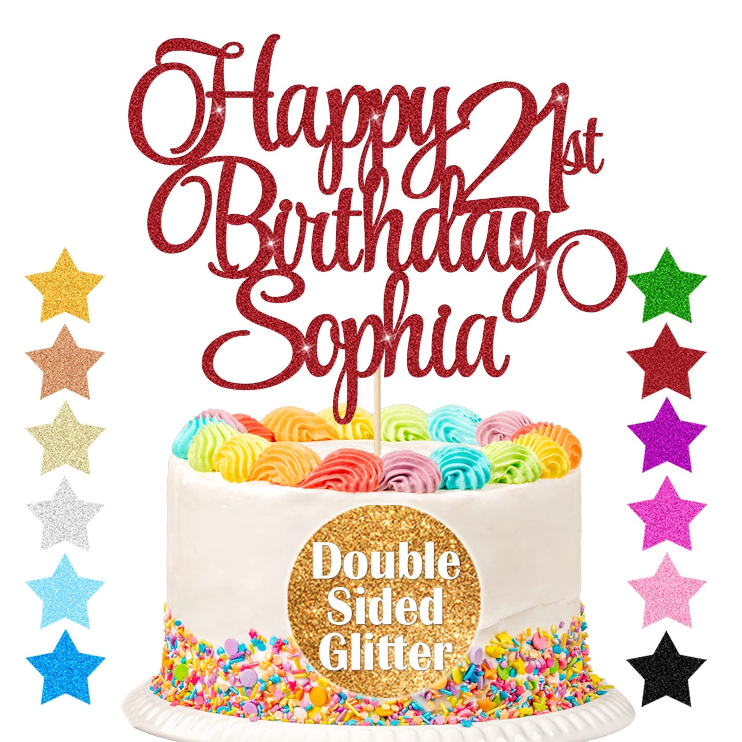 EDSG Happy Birthday Cake Topper Personalized Double-Sided Glitter 7x4 inches Red