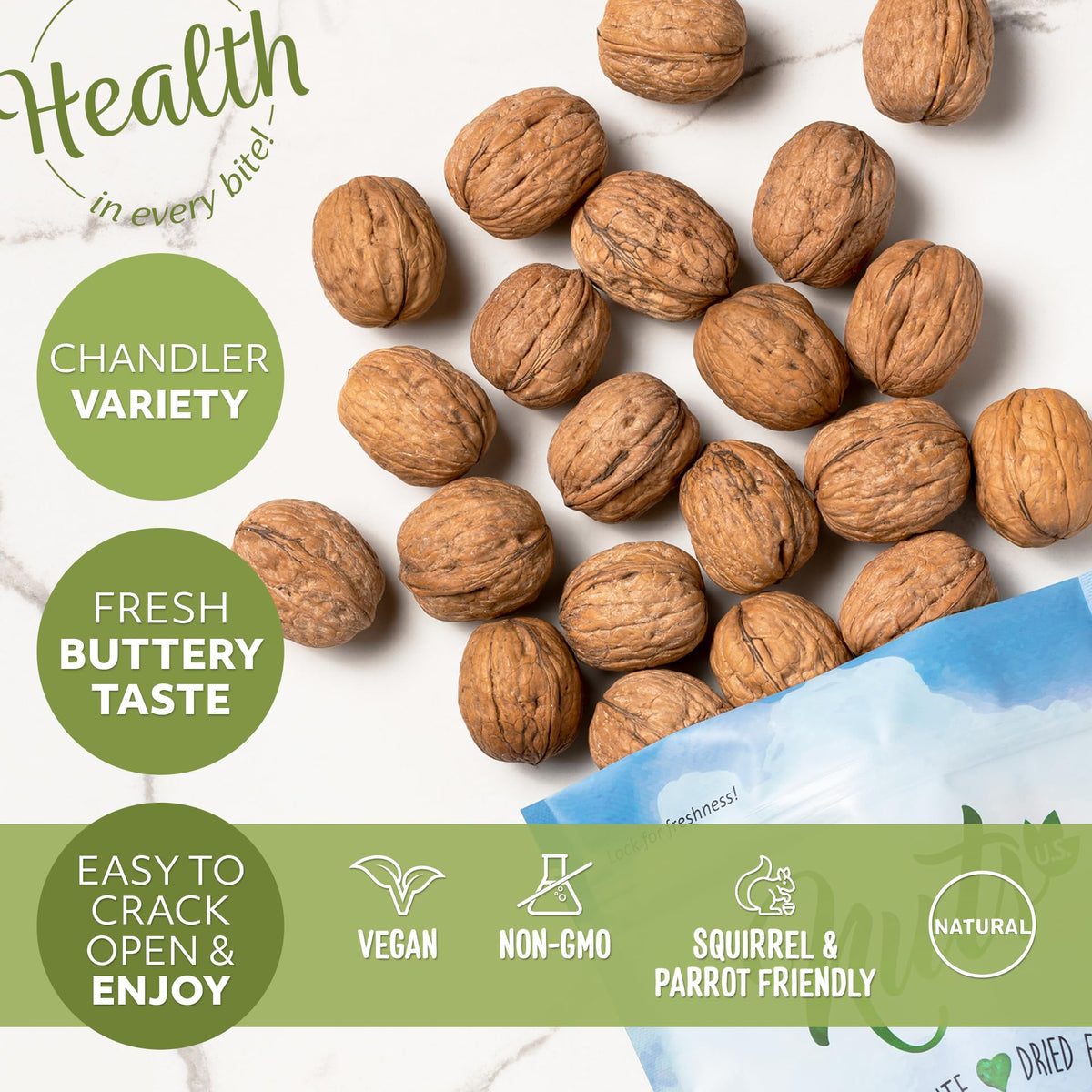 NUTS U.S. Walnuts In Shell, Chandler Variety, Non-GMO, Fresh Taste, 2 lbs, Resealable Bag