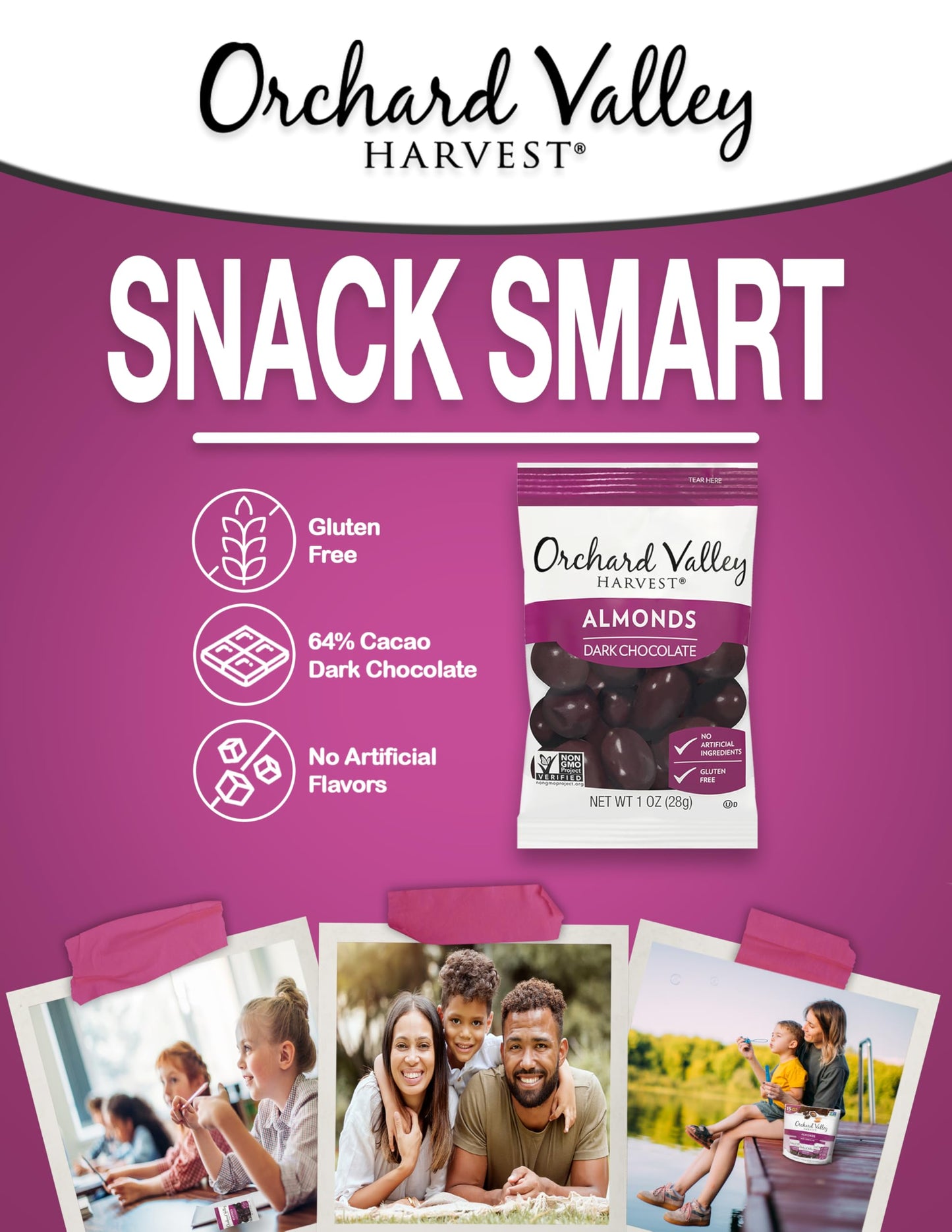 Orchard Valley Harvest Dark Chocolate Almonds, Gluten Free, Non-GMO, 1 Ounce Bags, Pack of 15, No Artificial Ingredients