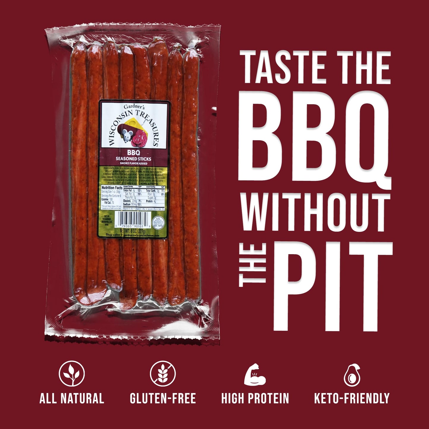 Gardners Wisconsin Cheese, Meat Sticks (1 Ounce Sticks, Pack of 8) - Smoky BBQ Flavor, Low Carb Snack, Does Not Require Refrige
