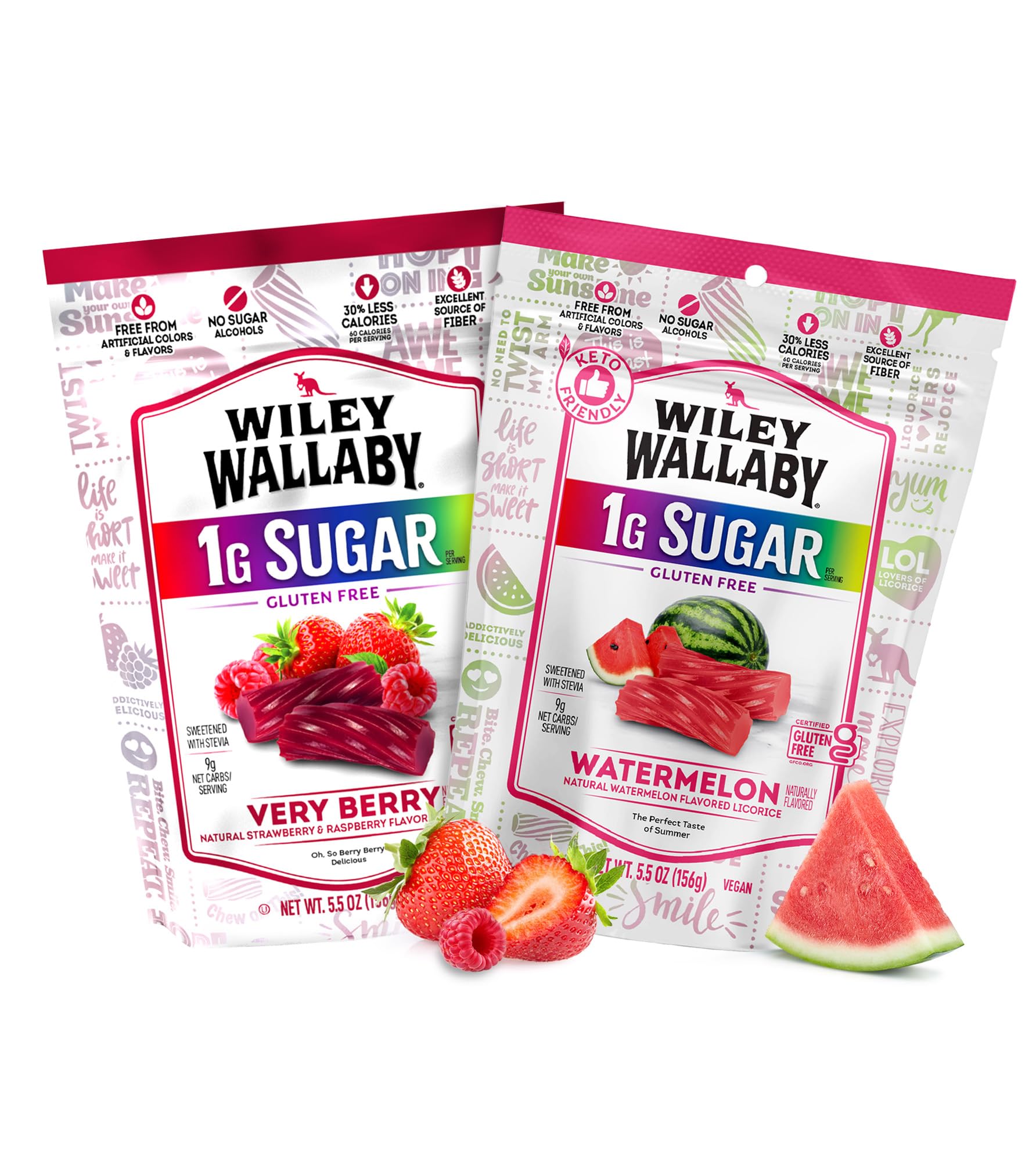 Wiley Wallaby Low Sugar Gluten Free Licorice | Soft Chewy Licorice | Watermelon and Very Berry Flavors | 5.5 Ounce | 2 Pack
