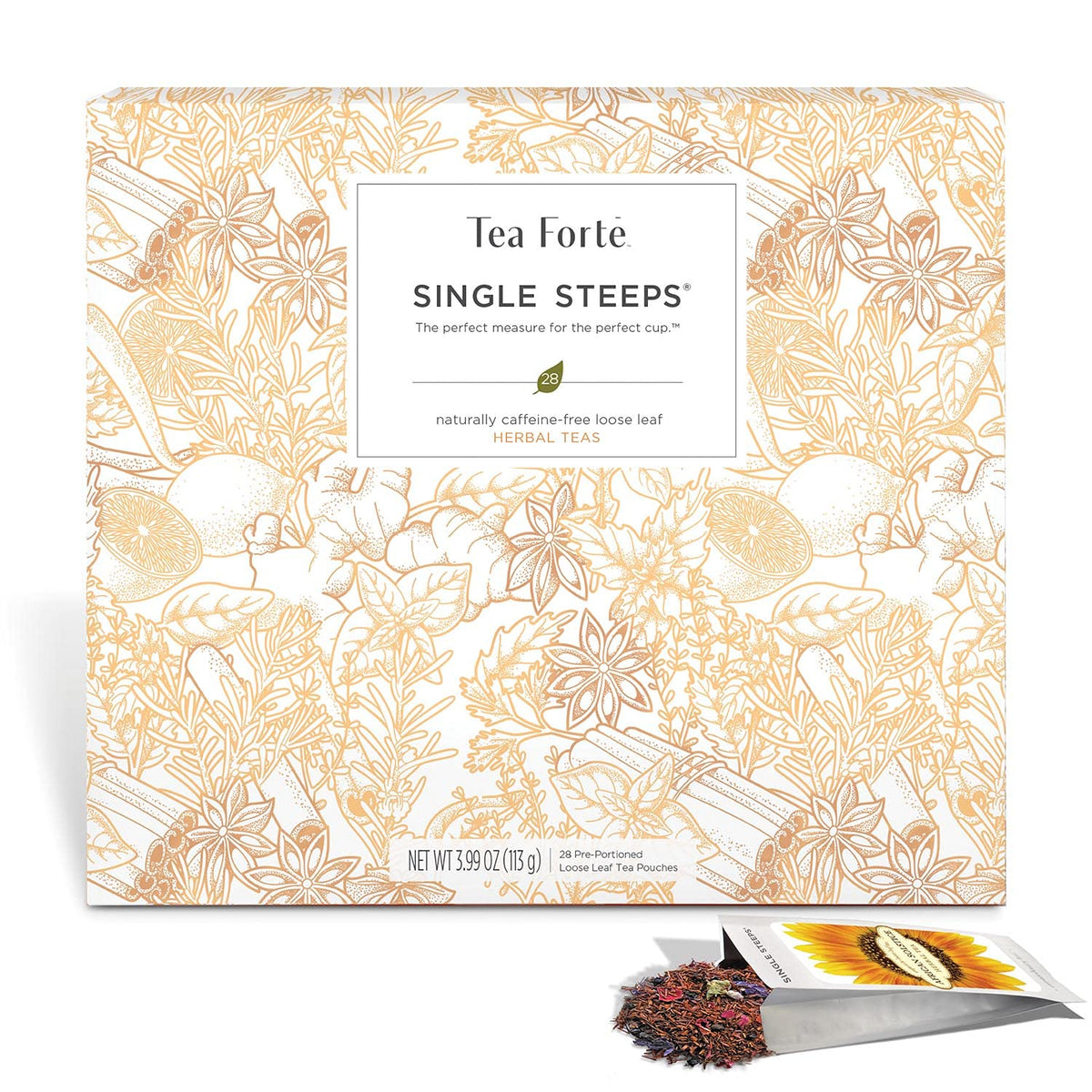 Tea Forte Single Steeps Loose Leaf Herbal Tea Sampler, Assorted Variety Tea Chest Box, Single Serve Pouches, 28 Count (Pack Of 1