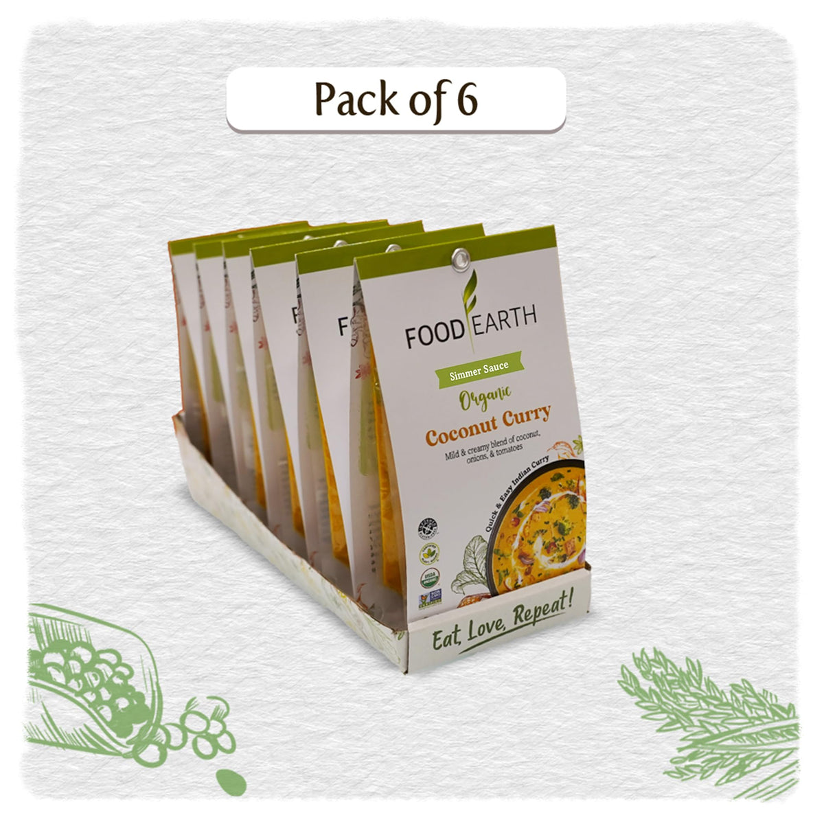 Food Earth Indian Simmeacr Sauce - Coconut Curry - Organic, Vegan, Gluten-Free, Gmo-Free - Microwavable Cooking Sauce - 12 Pouch