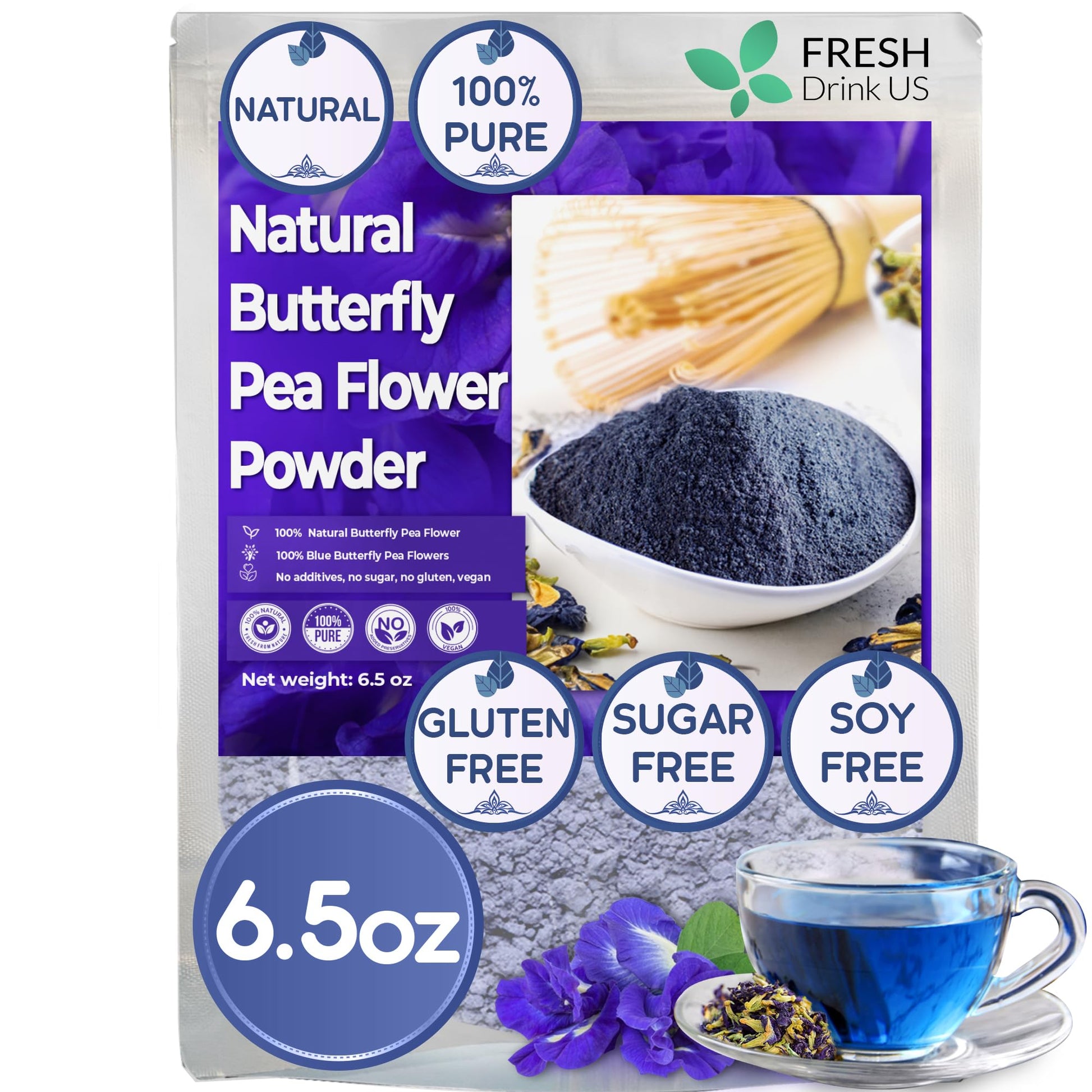 FRESHDRINKUS Butterfly Pea Flower Powder, 100% Natural, Vegan, 6.5oz (Pack of 1)