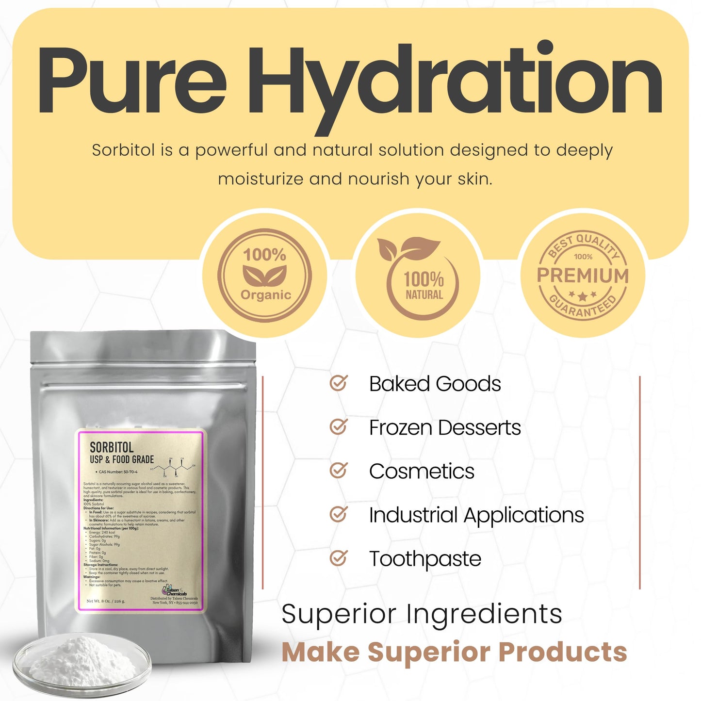 Talsen Chemicals Pure Sorbitol Powder - 16 Oz - Low Calorie Sweetener for Baking and Skincare