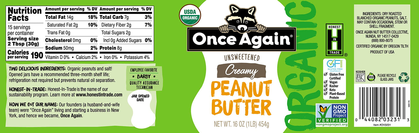 Once Again Organic Creamy Peanut Butter, 16Oz - Lightly Salted, Unsweetened - Usda Organic, Gluten Free Certified, Vegan, Kosher - Glass Jar - Case Of 12