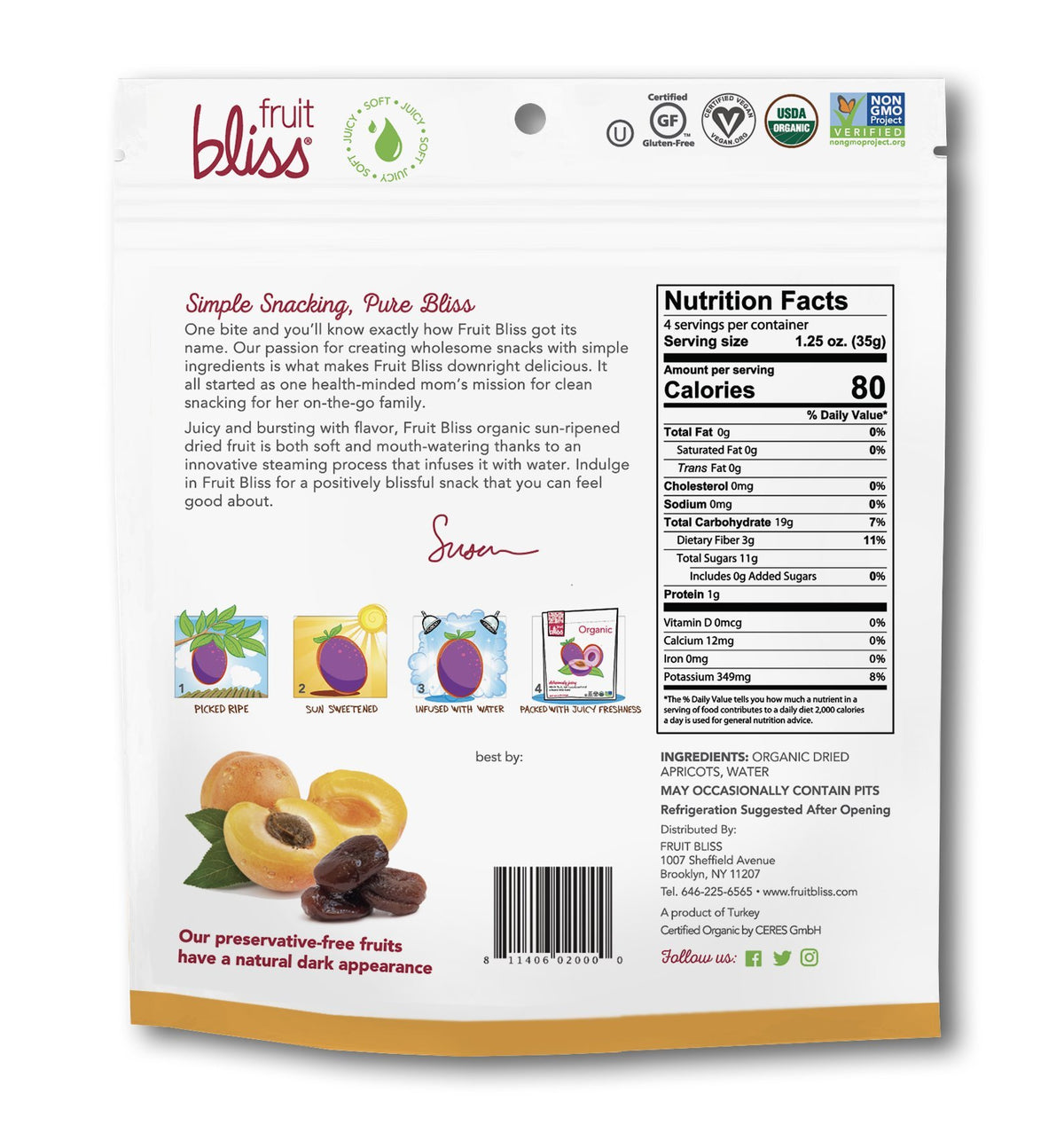 Fruit Bliss Unsulfured Turkish Apricots - Organic Dried Fruit Snacks - Gluten-Free, Non-GMO - 5 oz Pack