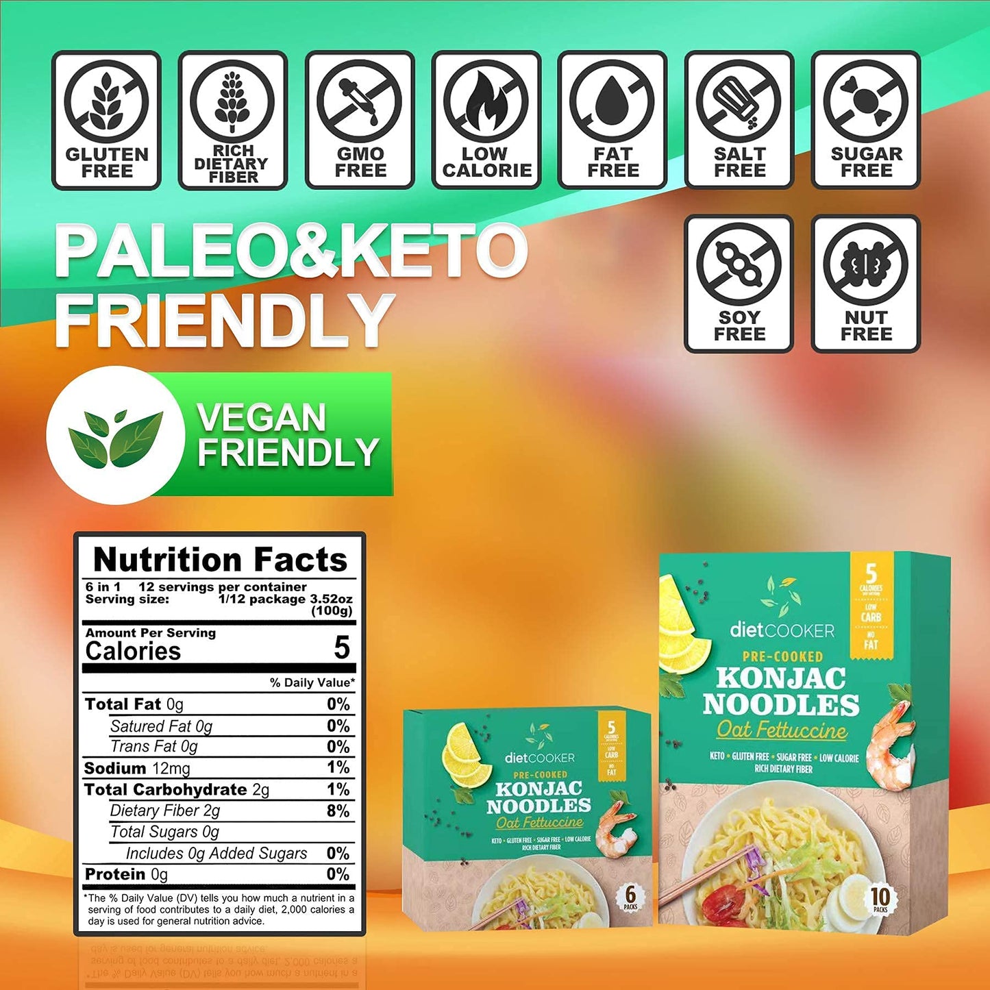 DIET COOKER Shirataki Noodles, Keto & Vegan Friendly, Zero Net Carbs, 9.52 oz (Pack of 10)