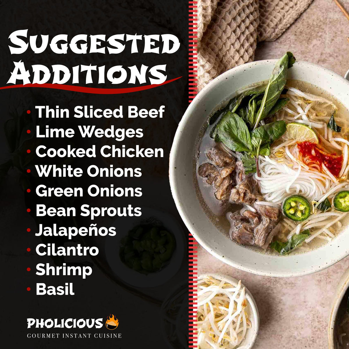 Pholicious Instant Beef Pho, Authentic Vietnamese Rice Noodle Soup Kit With Spices & Broth Mix, Ramen Noodles Alternative, Quick