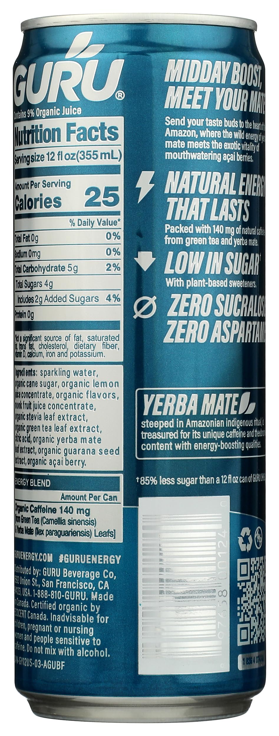 GURU Organic Yerba Mate Energy Drink, 12 Fl Oz, Model 0897658001240