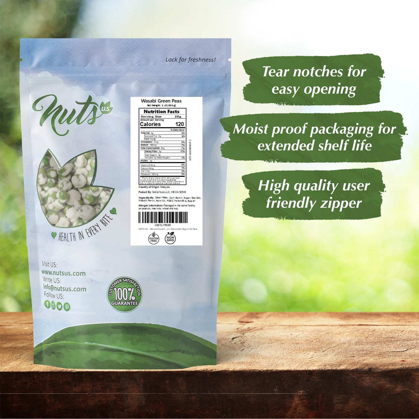 NUTS U.S. Wasabi Coated Green Peas, Vegan, Crunchy & Spicy, 32 Ounce Resealable Bag