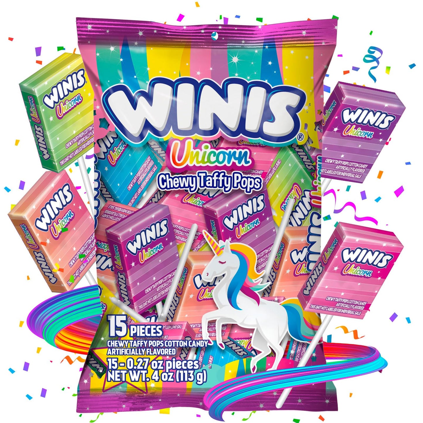 Winis Unicorn Chewy Taffy Pops - Cotton Candy Flavor, Sharing Size 4.3 Oz Bag, 15 Pieces, Pink
