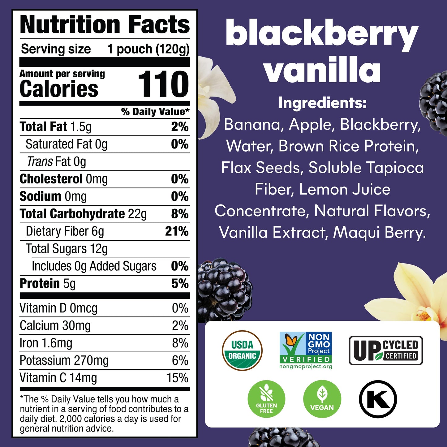 Noka Superfood Fruit Smoothie Pouches, Blackberry Vanilla, Healthy Snacks with Flax Seed, Plant Protein and Prebiotic Fiber, Veg