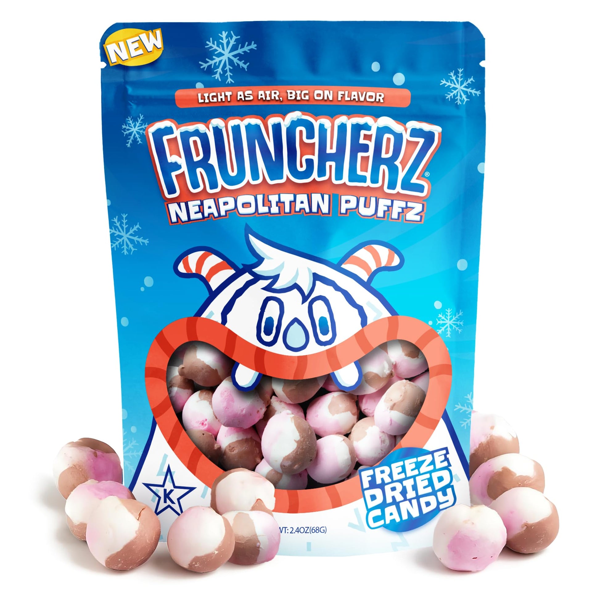 Fruncherz Neapolitan Candy Puffz - Kosher Freeze-Dried Treats, Light & Crunchy, 5 x 7 x 3 inches, Chocolate, Vanilla, Strawberry Flavors