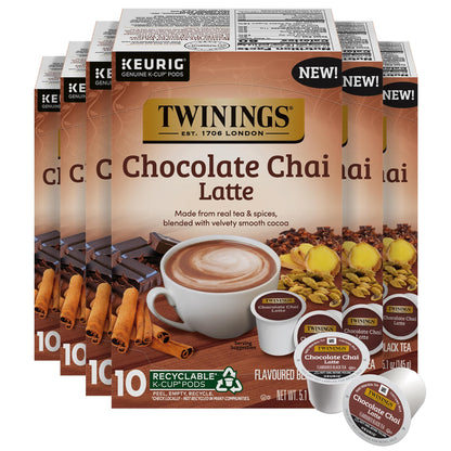 NEW Twinings Chocolate Chai Latte Tea 60 K-Cup Pods for Keurig, 10 Count (Pack of 6), Velvety Smooth Cocoa with Real Spiced Tea,
