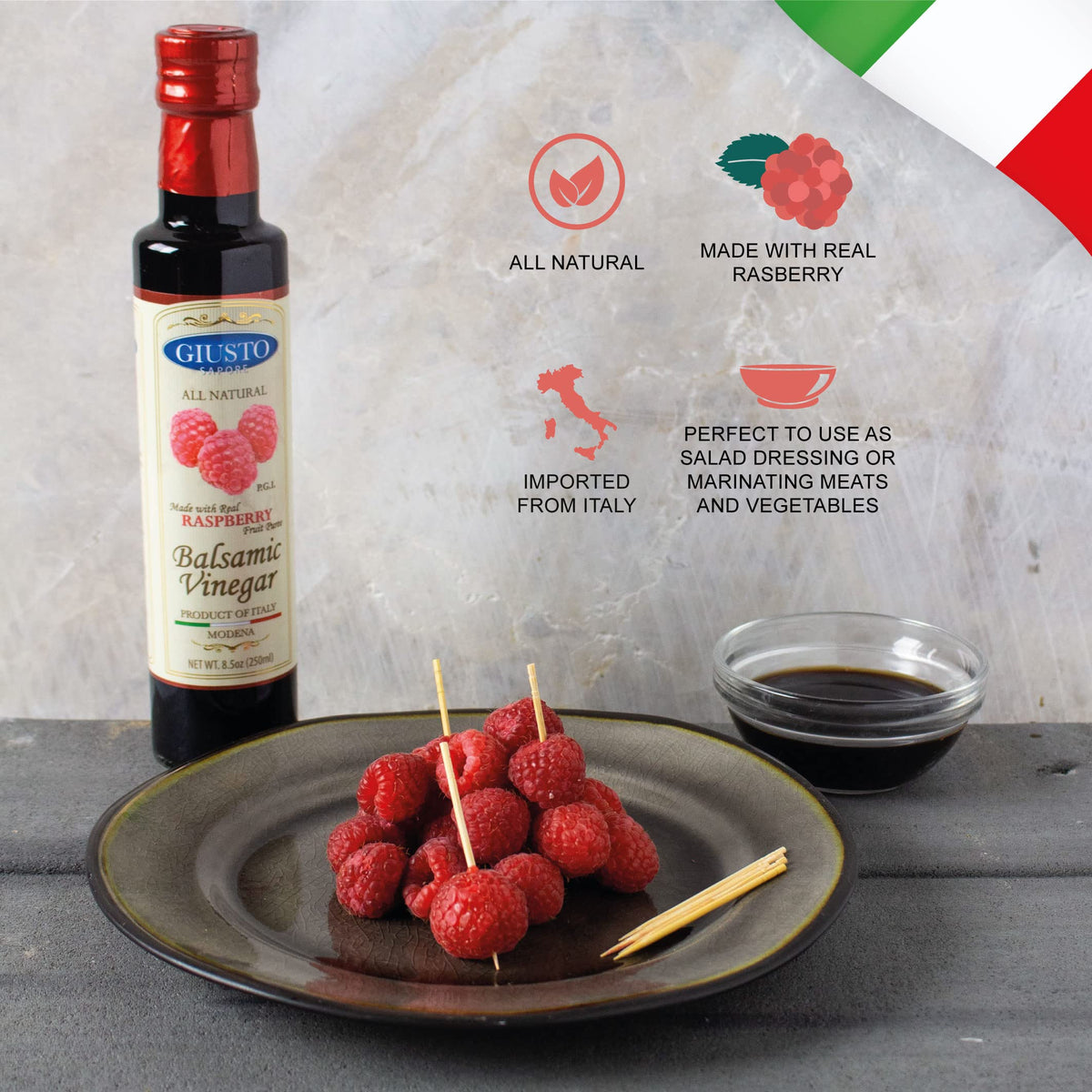 Giusto Sapore Raspberry Balsamic Vinegar - All Natural, 8.5oz, Imported from Italy