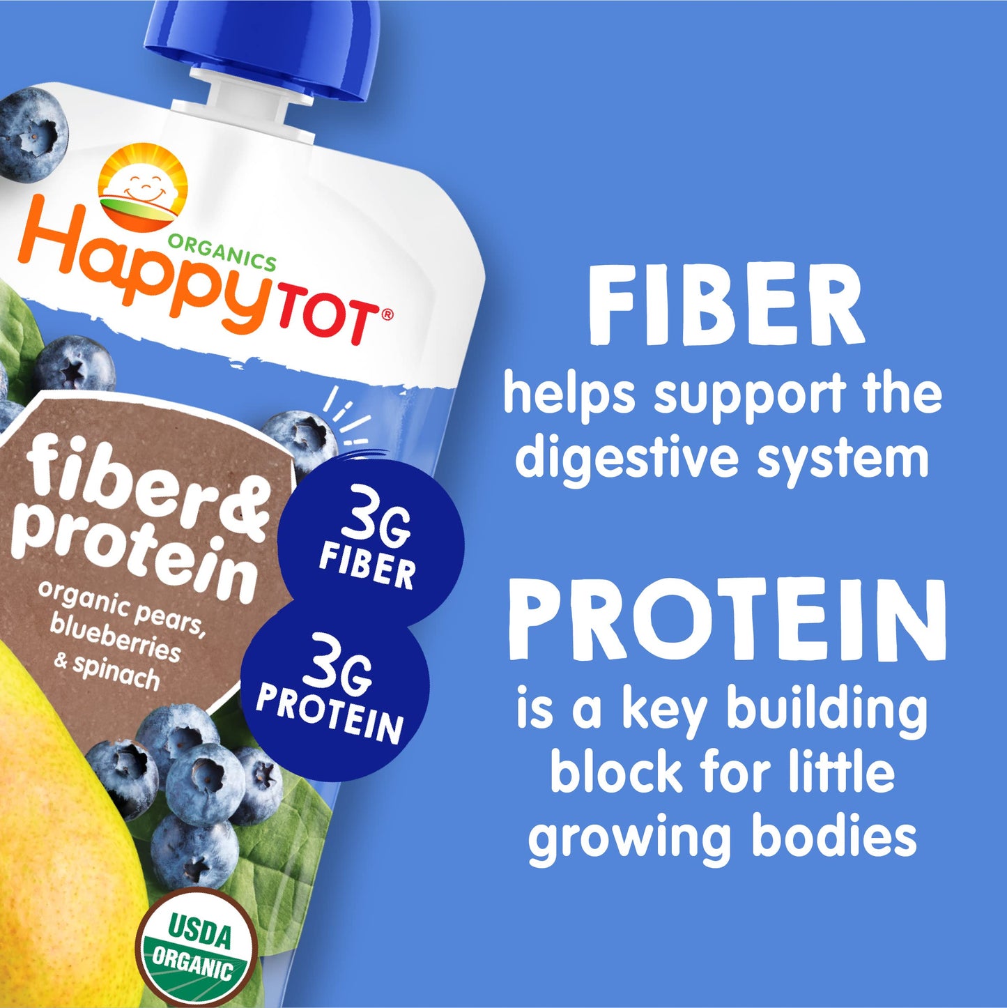Happy Tot Organics Stage 4 Baby Food Pouches, Gluten Free, Vegan Snack, Fiber & Protein Fruit & Veggie Puree, Pears, Blueberries & Spinach, 4 Ounce (Pack Of 16)