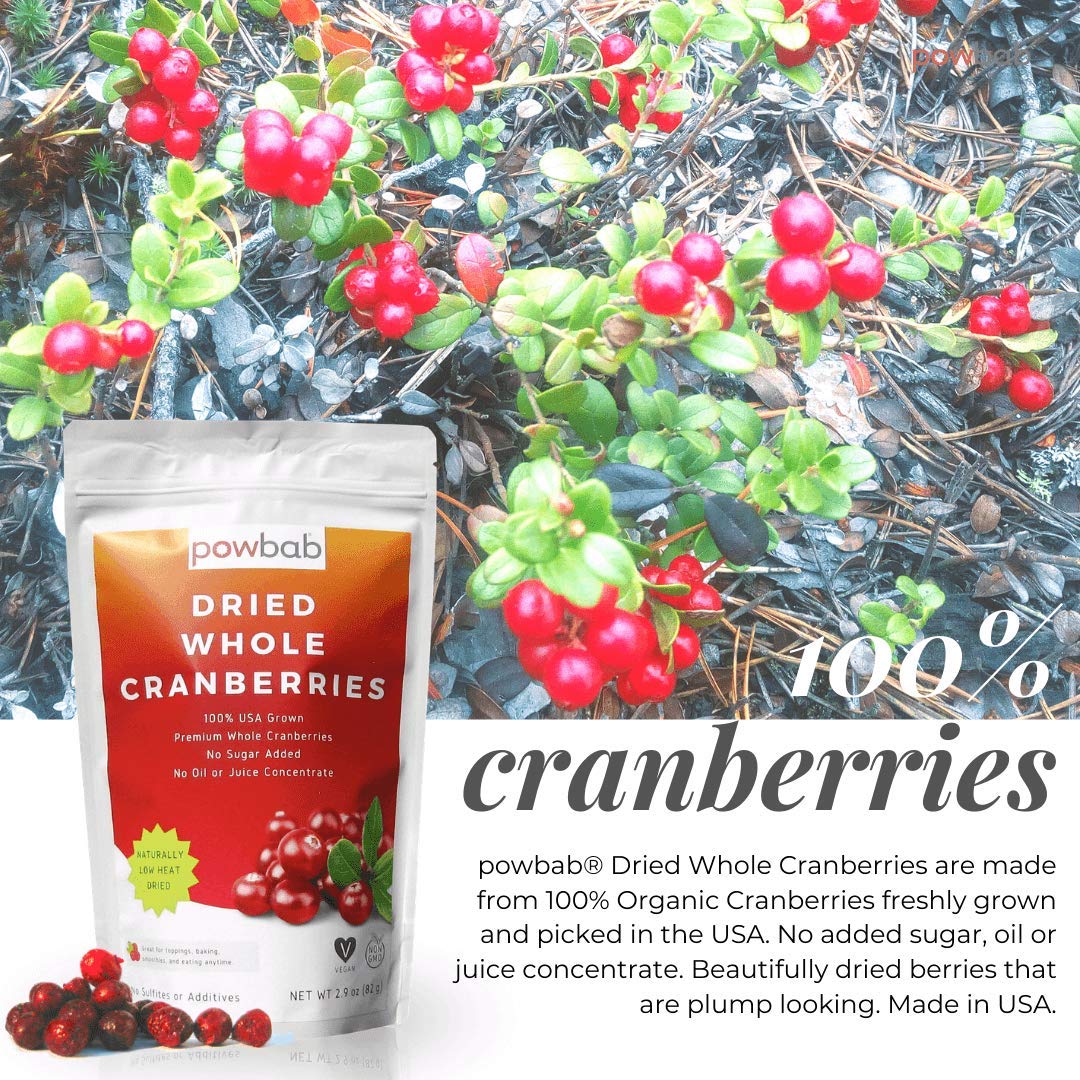 powbab Organic Dried Cranberries, Unsweetened, No Sugar Added, 2.9 Oz