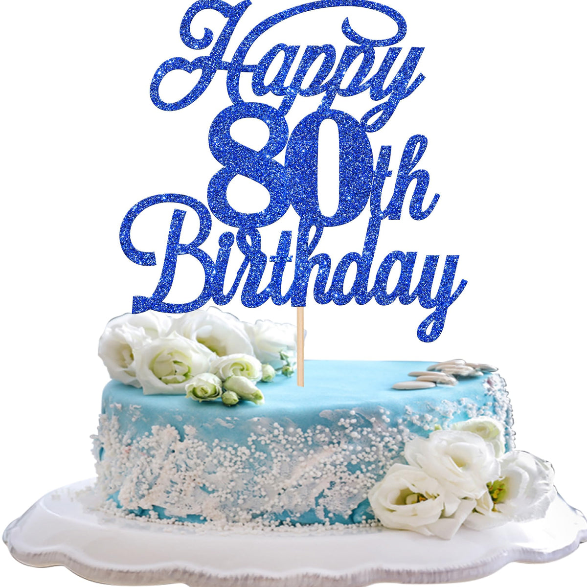 Rsstarxi 80th Birthday Cake Topper, Glitter Design, Deep Blue, Paper Material, Model XM224-Deep Blue