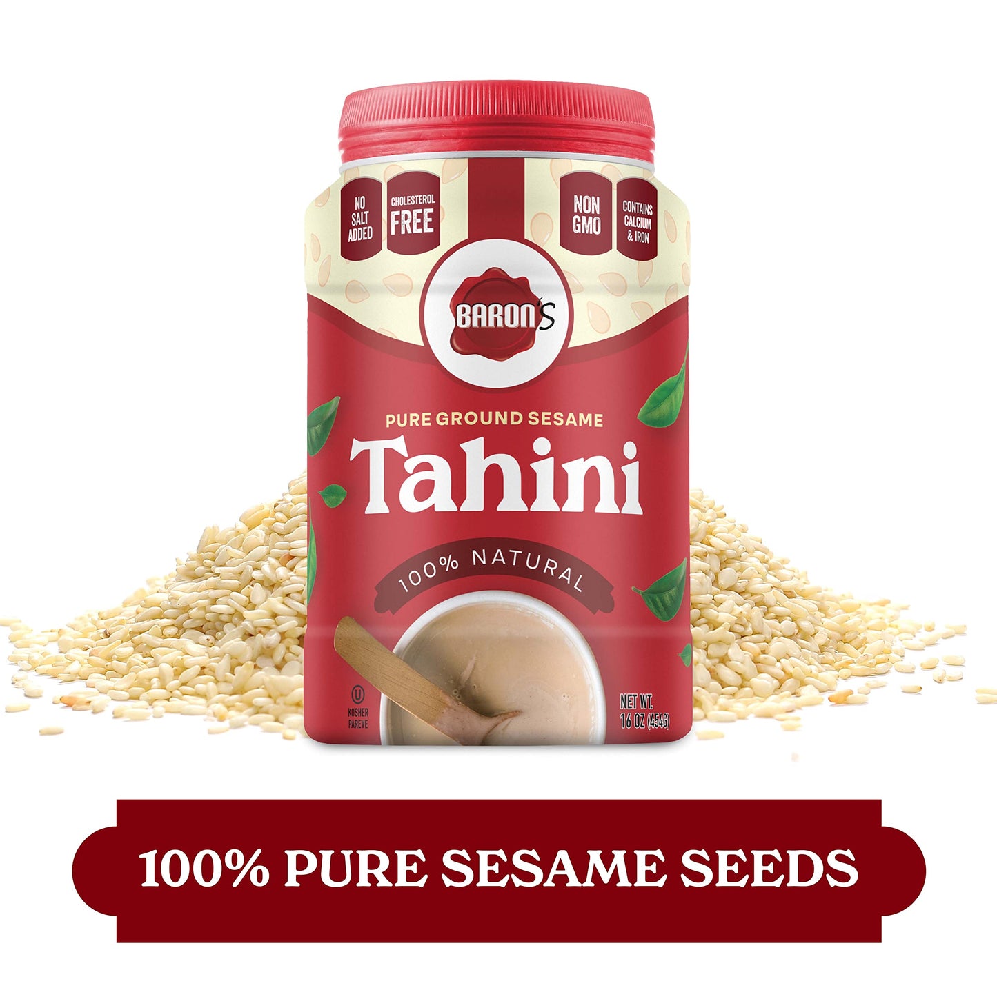 Barons Pure Tahini Sesame Paste | Rich Creamy Spread for Hummus, Dips, Sauces | 4 x 16 oz Jars | Kosher, Vegan, Keto friendly,