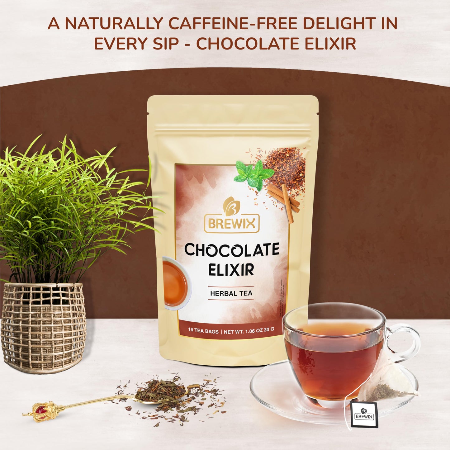 BREWIX Chocolate Rooibos Herbal Tea, 15 Pyramid Tea Bags, Naturally Caffeine-Free, Dessert-Inspired Blend