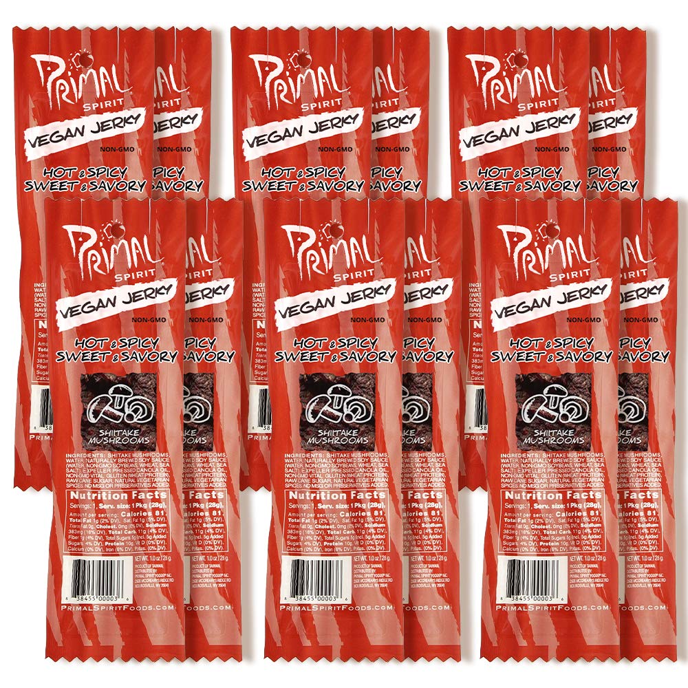 Primal Spirit Vegan Jerky Shiitake Mushroom - Hot & Spicy Sweet, 10g Plant-Based Protein, Non-GMO, 12-Pack, 1 oz