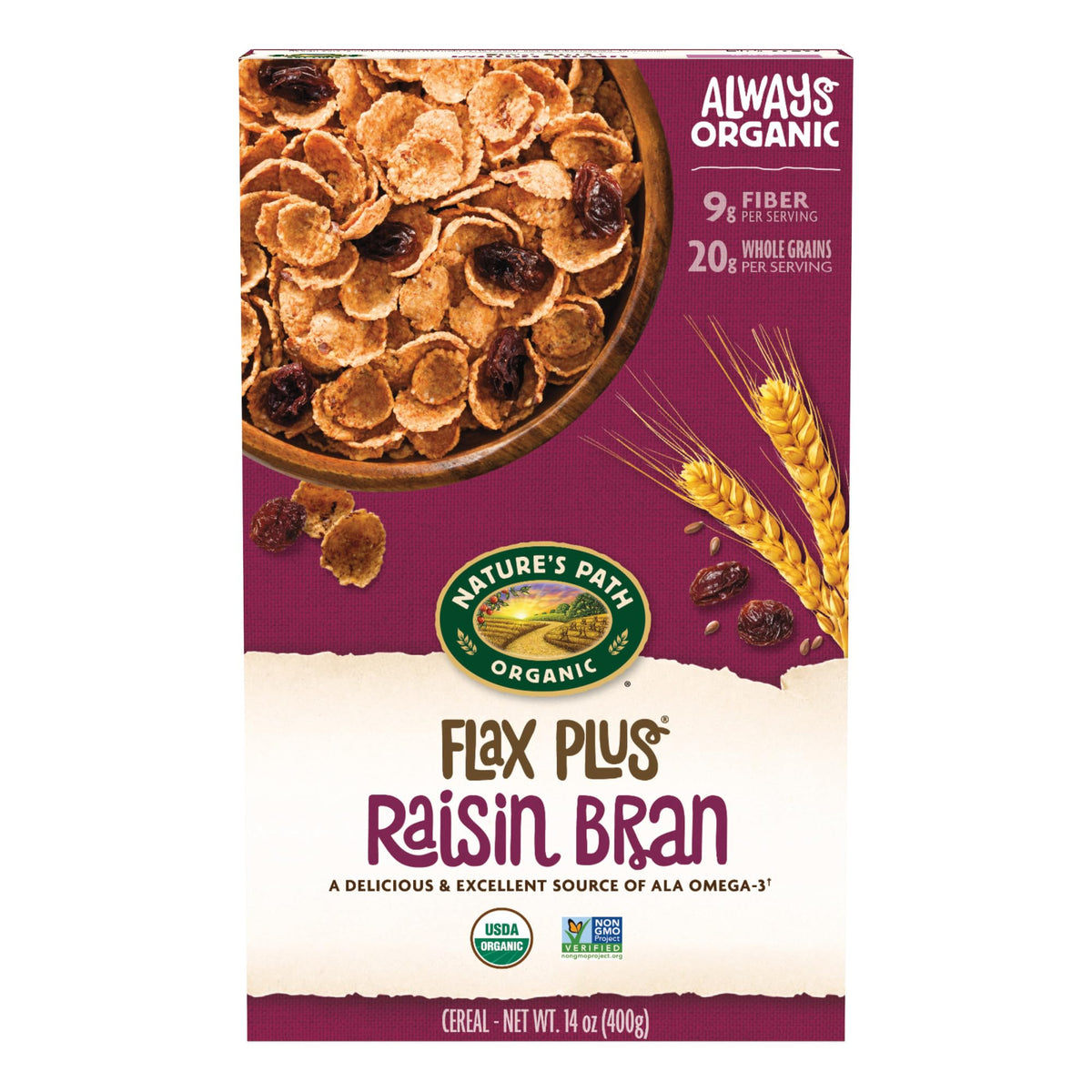 Nature s Path Organic Flax Plus Raisin Bran Cereal, 14 oz (Pack of 12), Non-GMO