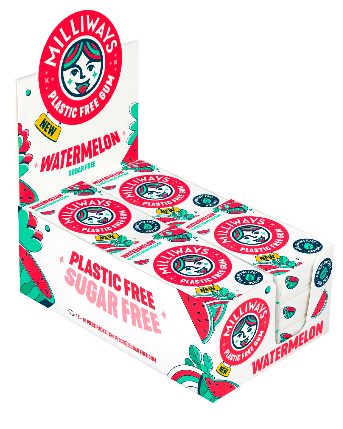 Milliways Watermelon | Plastic Free Gum | Xylitol, Aspartame-Free, Sugar-Free, Plant-Based, Natural Chewing Gum | 120 Pieces Tot