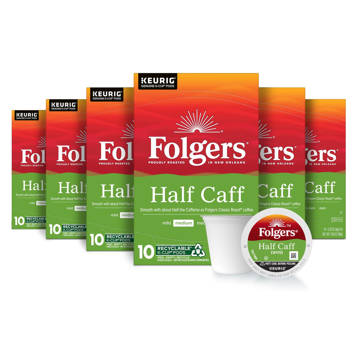 Folgers Half Caff Medium Roast Coffee K-Cup Pods, 10 Count, Pack of 6