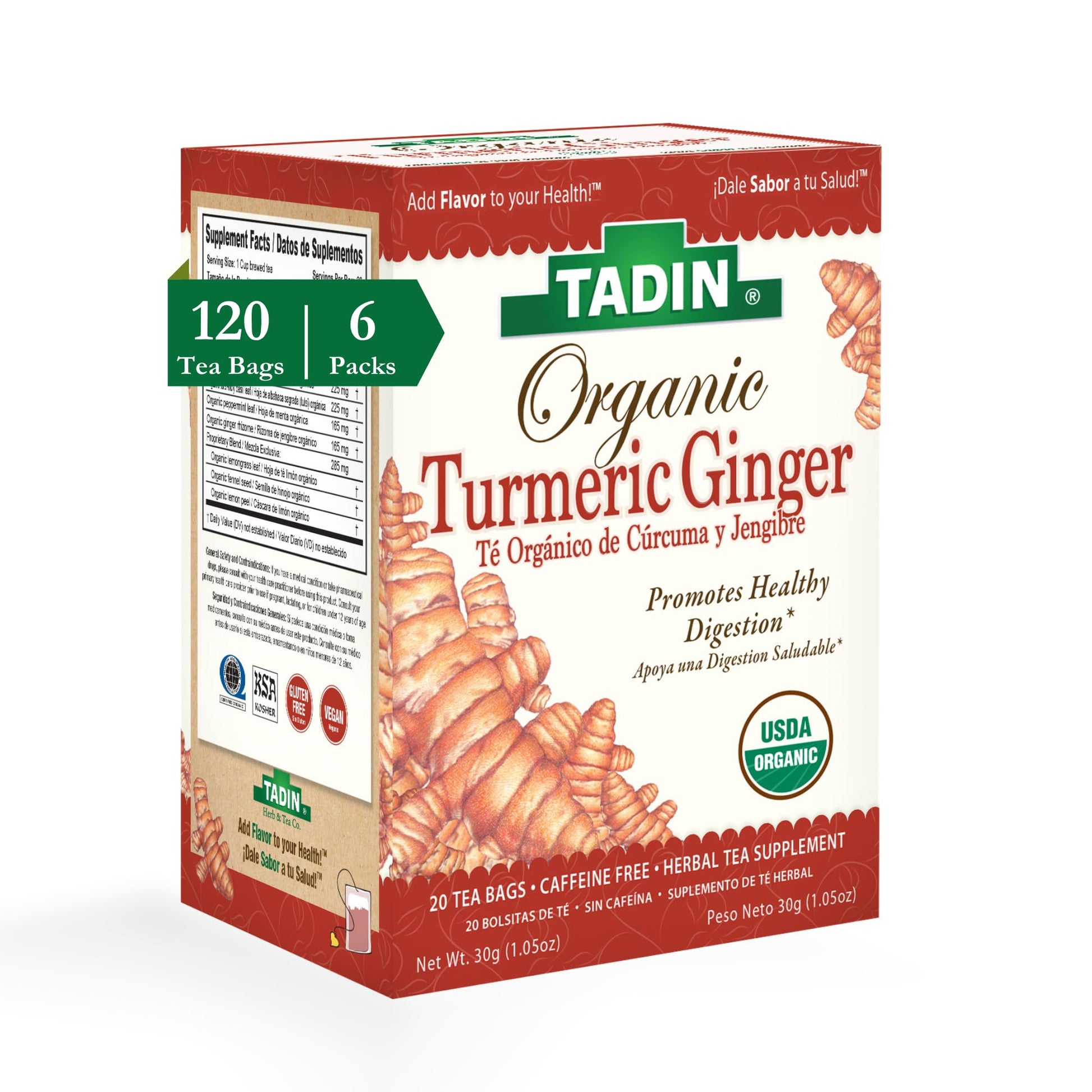 Tadin Organic Turmeric Ginger Tea, Caffeine Free Herbal Tea, 20 Count, Pack of 6, Model 7-67531-55253-7