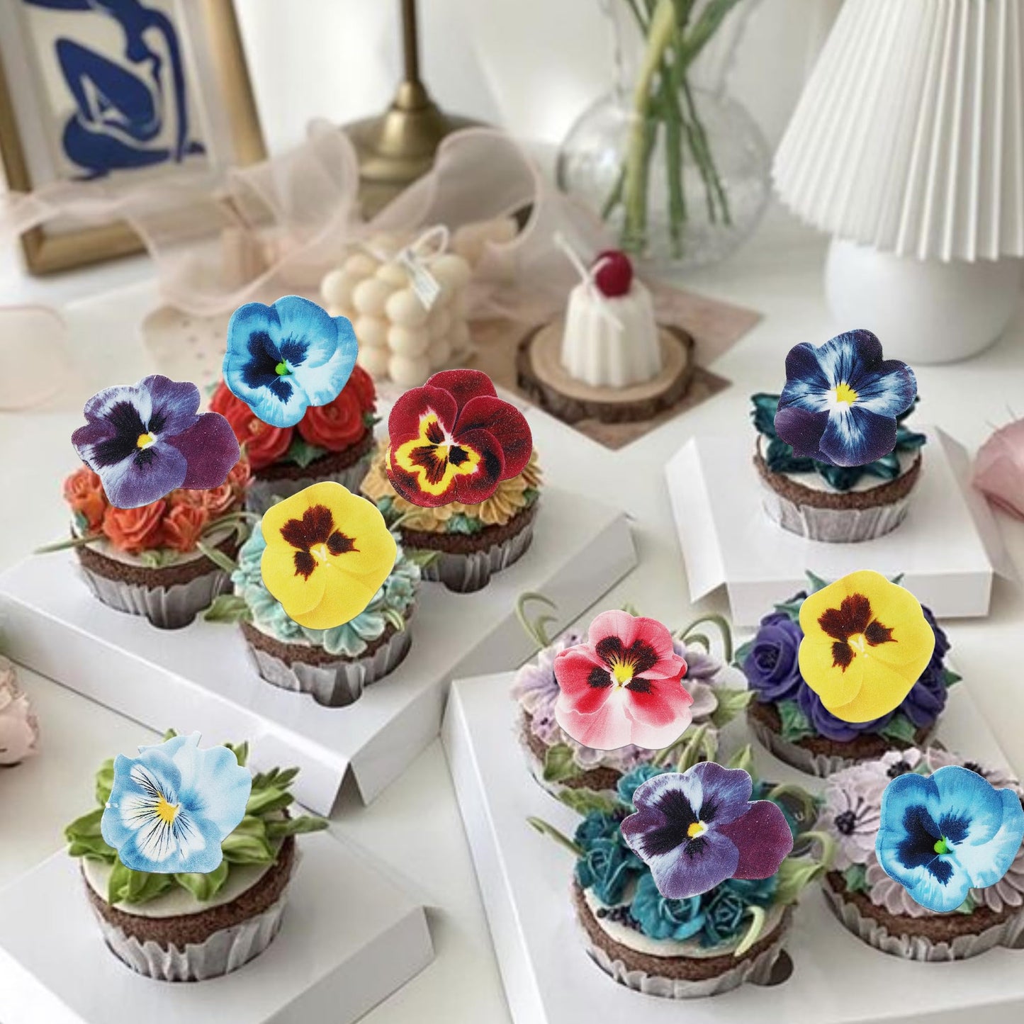 Rssta i 60 Pack Edible Flowers Cake Decorations, Wafer Paper Toppers for Wedding & Birthday, Design 10