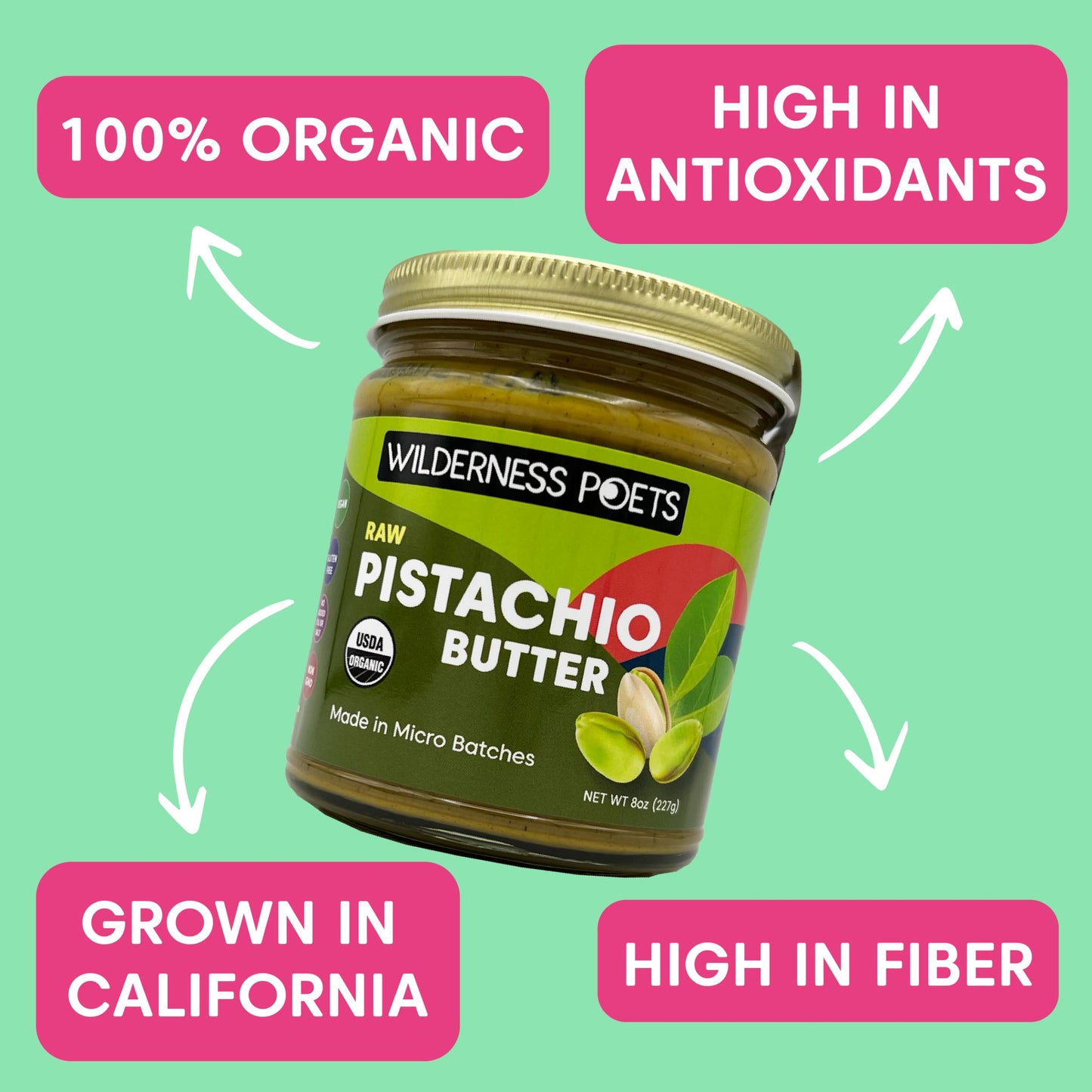 Wilderness Poets, Organic Pistachio Butter - 3 Pack (8 Ounce) - Raw, 100% Organic Pistachio - Perfect for Dubai Chocolate Bar De
