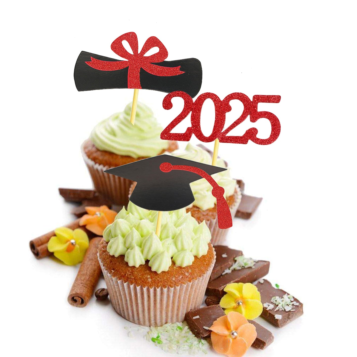 YuBoBo Graduation Cupcake Toppers, 48 PCS Food Picks, Red Paper Grad Cap & Diploma Decorations