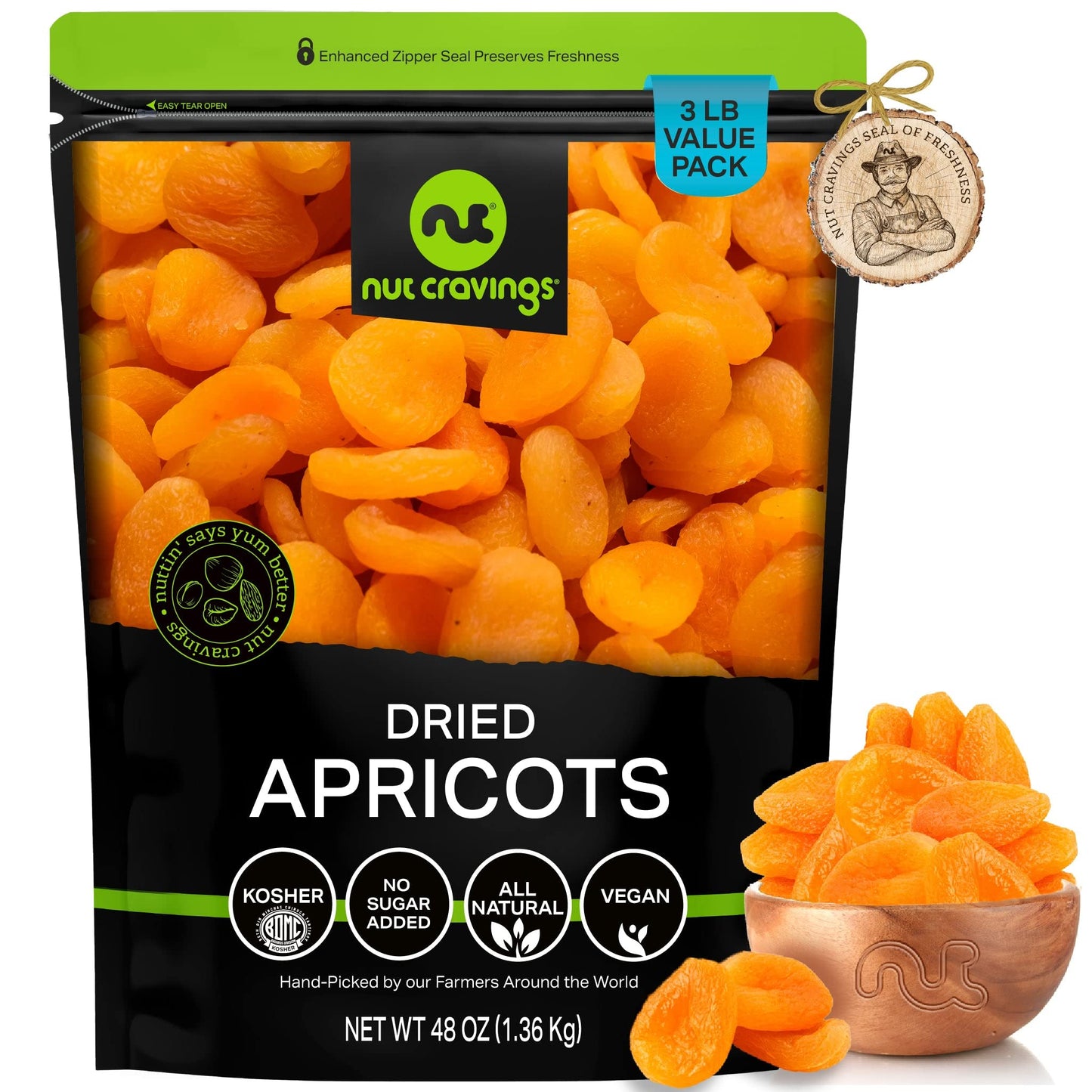 Sun Dried Turkish Apricots, No Sugar Added (48Oz - 3 Lb, Bulk) Packed Fresh In Resealable Bag - Sweet Fruit Snack Treat - Health