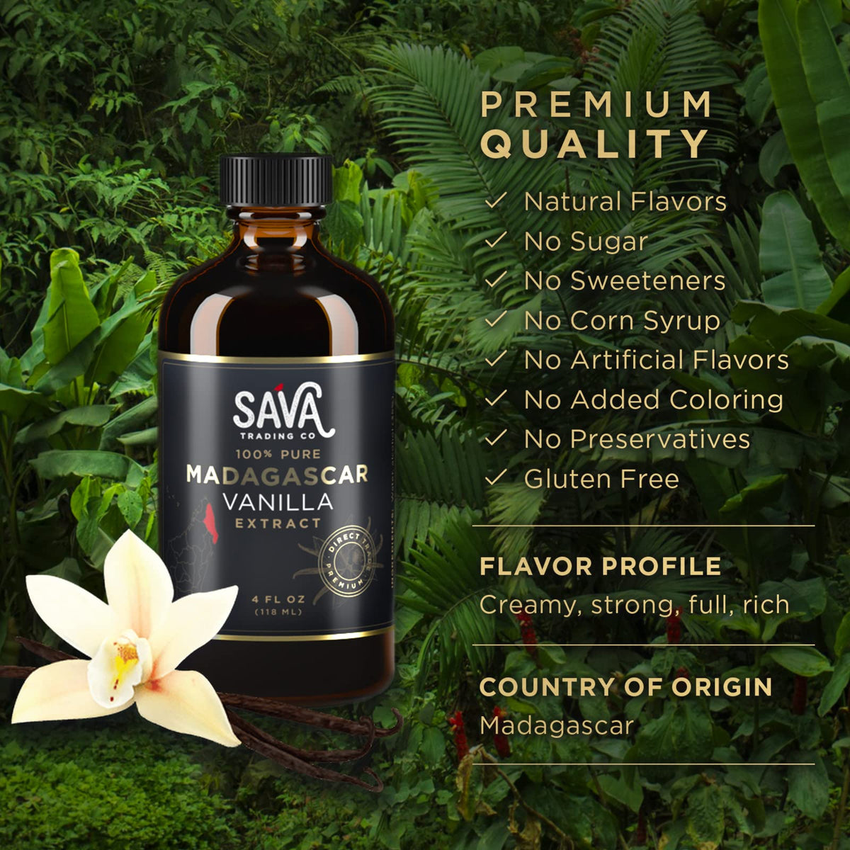 SAVA Madagascar Vanilla Extract - 100% Pure Vanilla - No Sugar Added - 2 oz